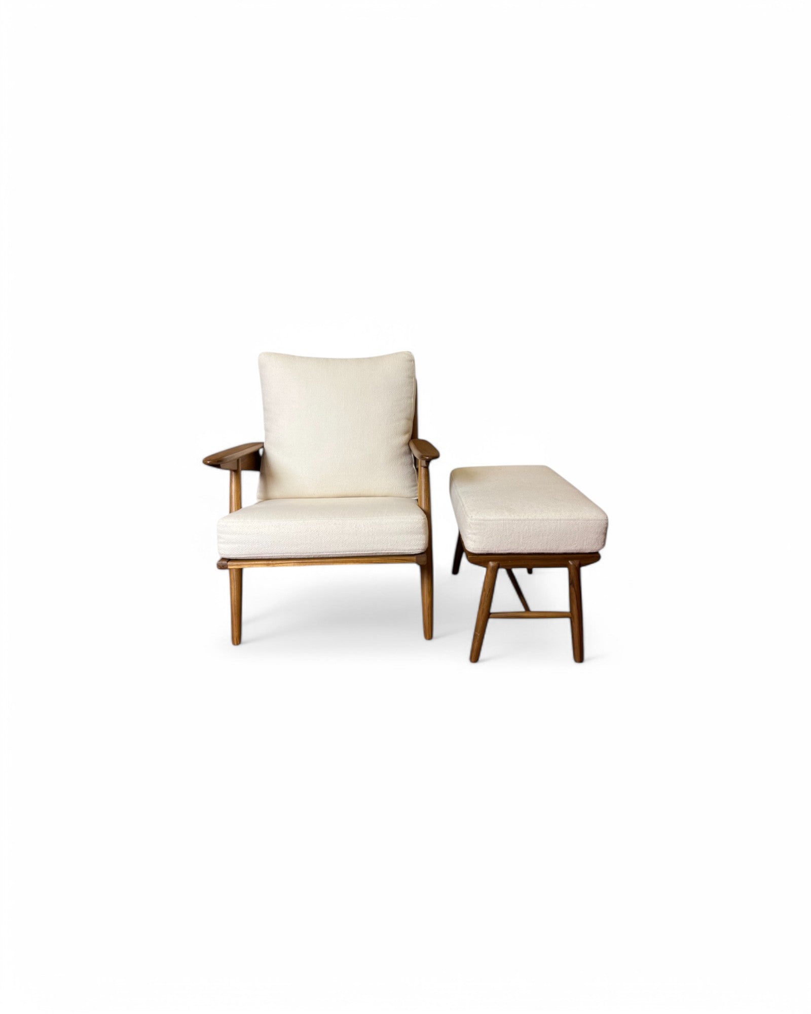 White & Teak Cradle Back Lounge Chair and Ottoman Set