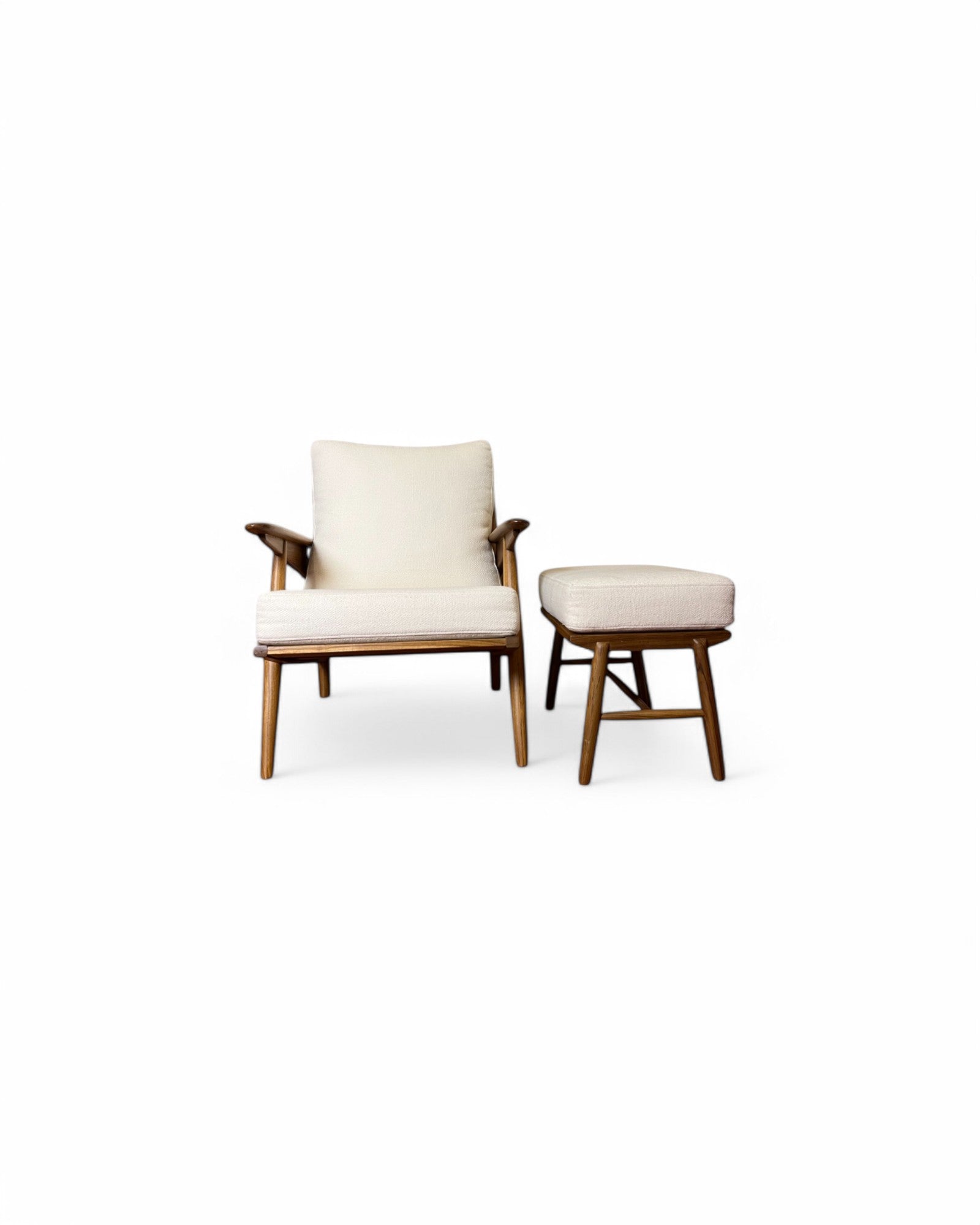 White & Teak Cradle Back Lounge Chair and Ottoman Set