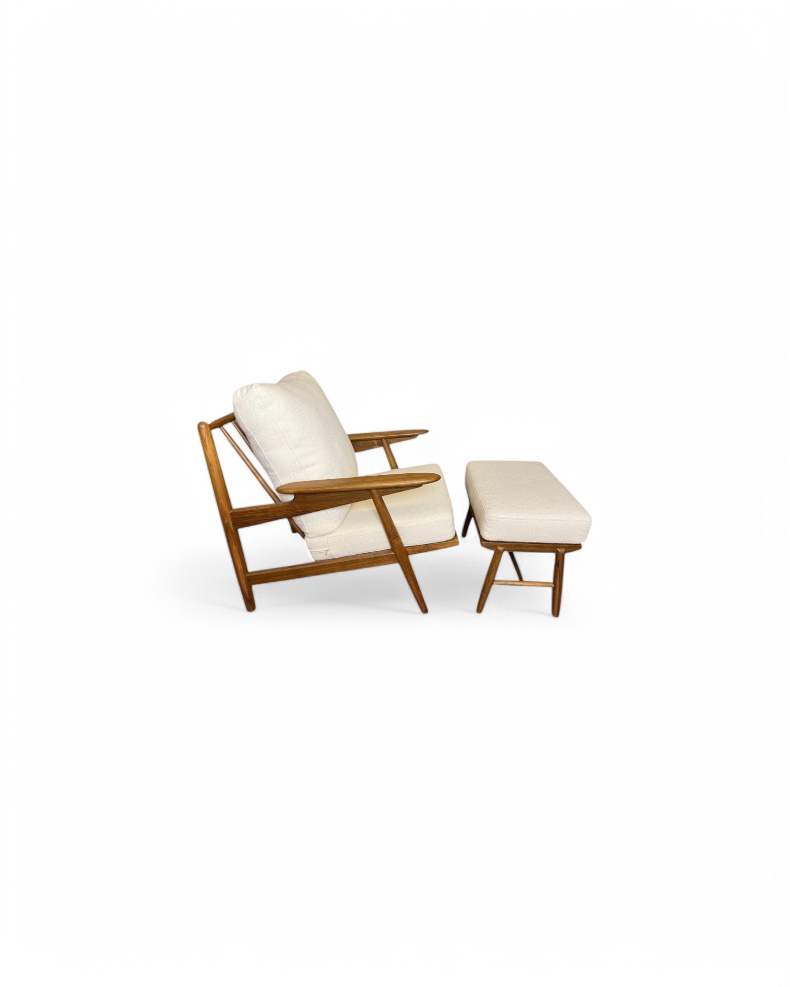 White & Teak Cradle Back Lounge Chair and Ottoman Set