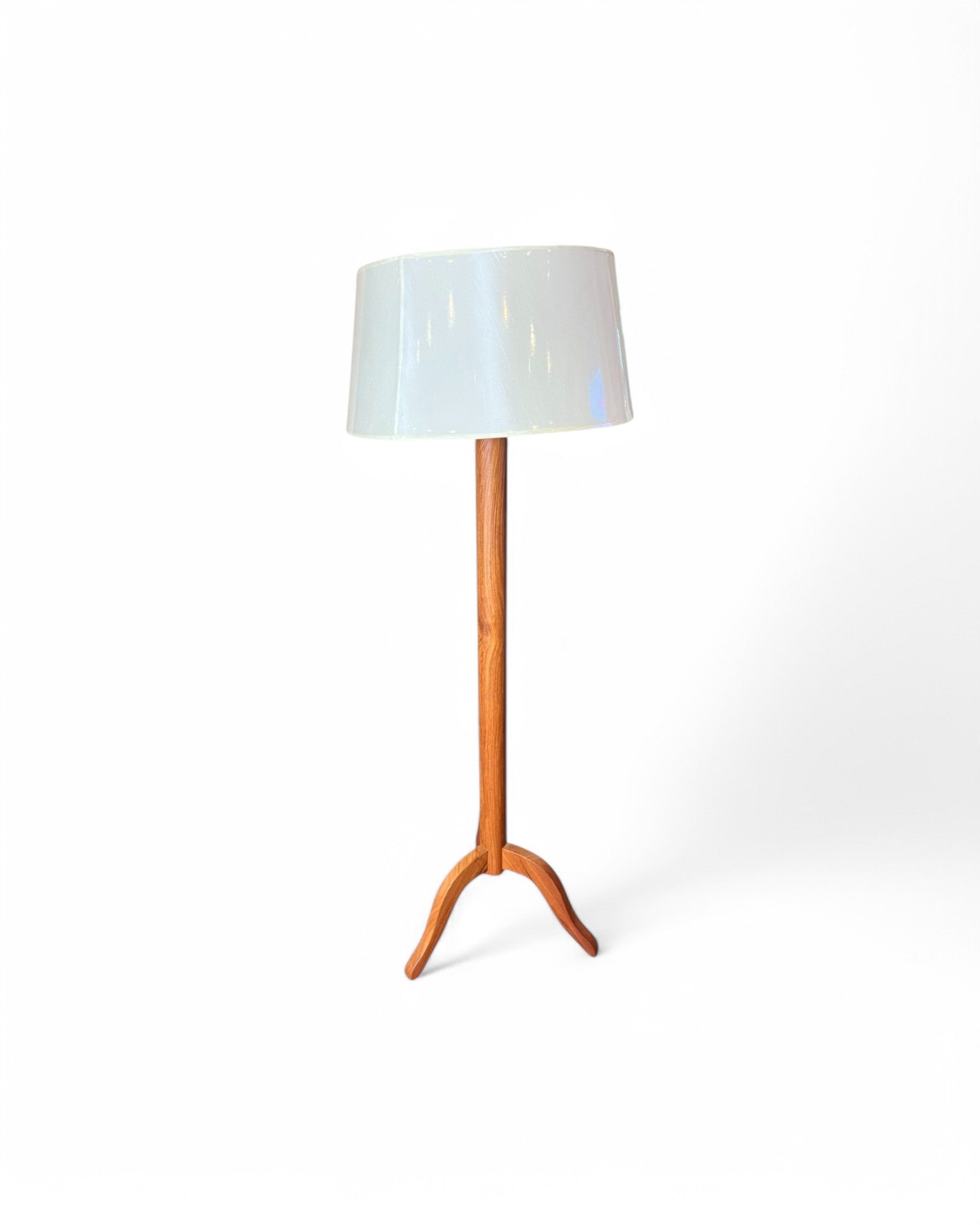 Teak Round White Shade Floor Lamp - 3 Legs