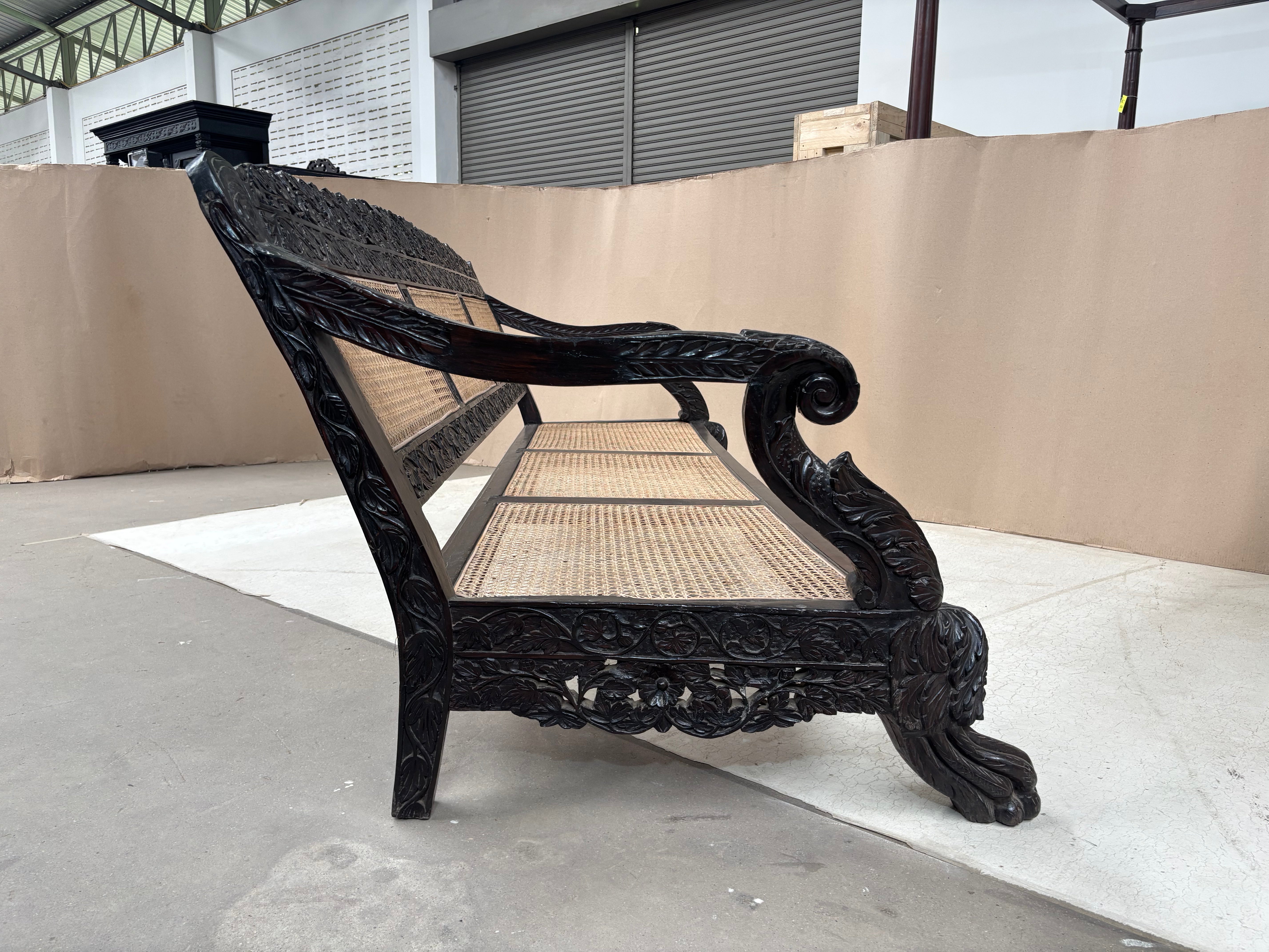 Anglo-Indian Colonial Style Rosewood & Cane Long Bench