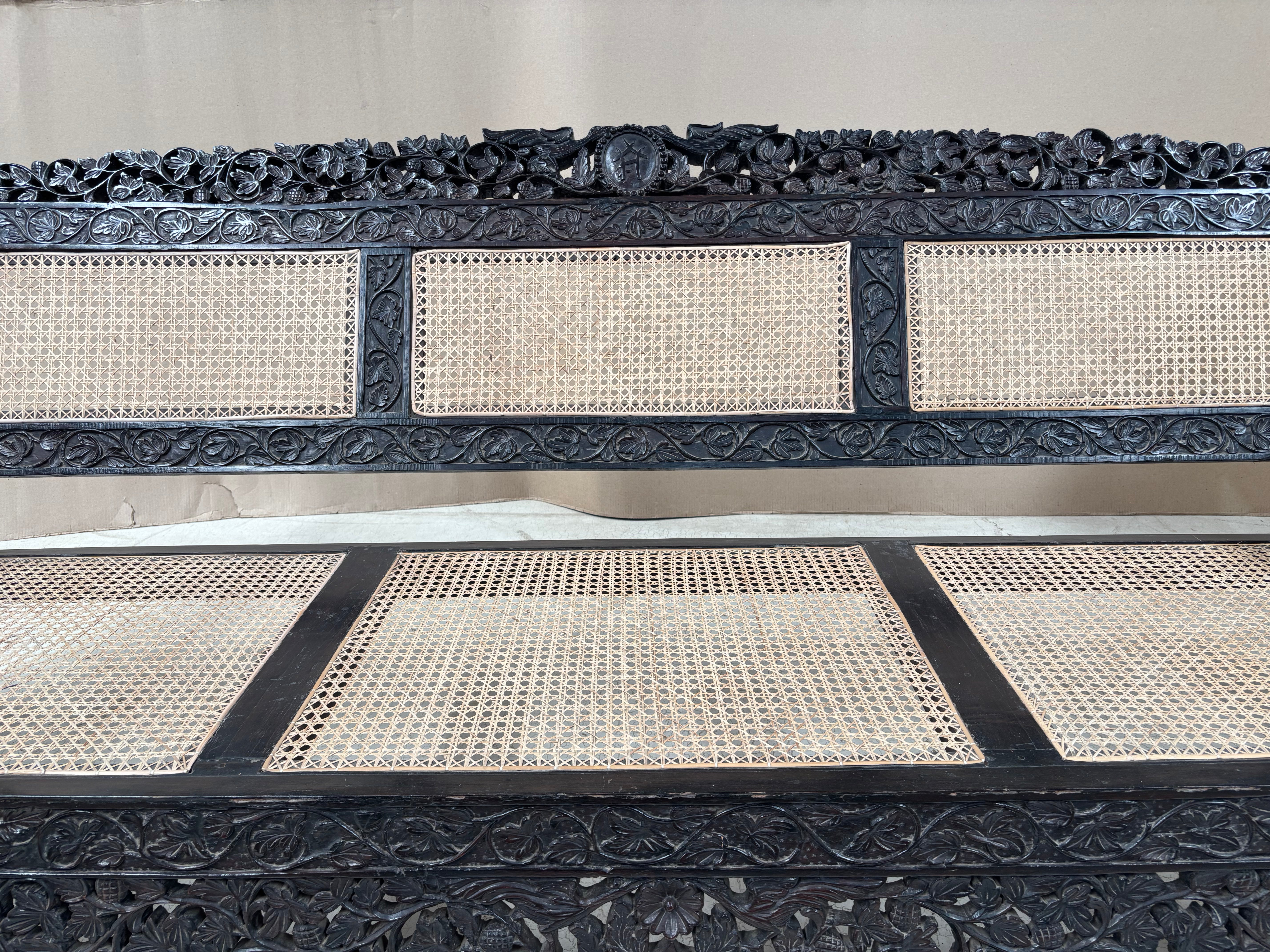 Anglo-Indian Colonial Style Rosewood & Cane Long Bench