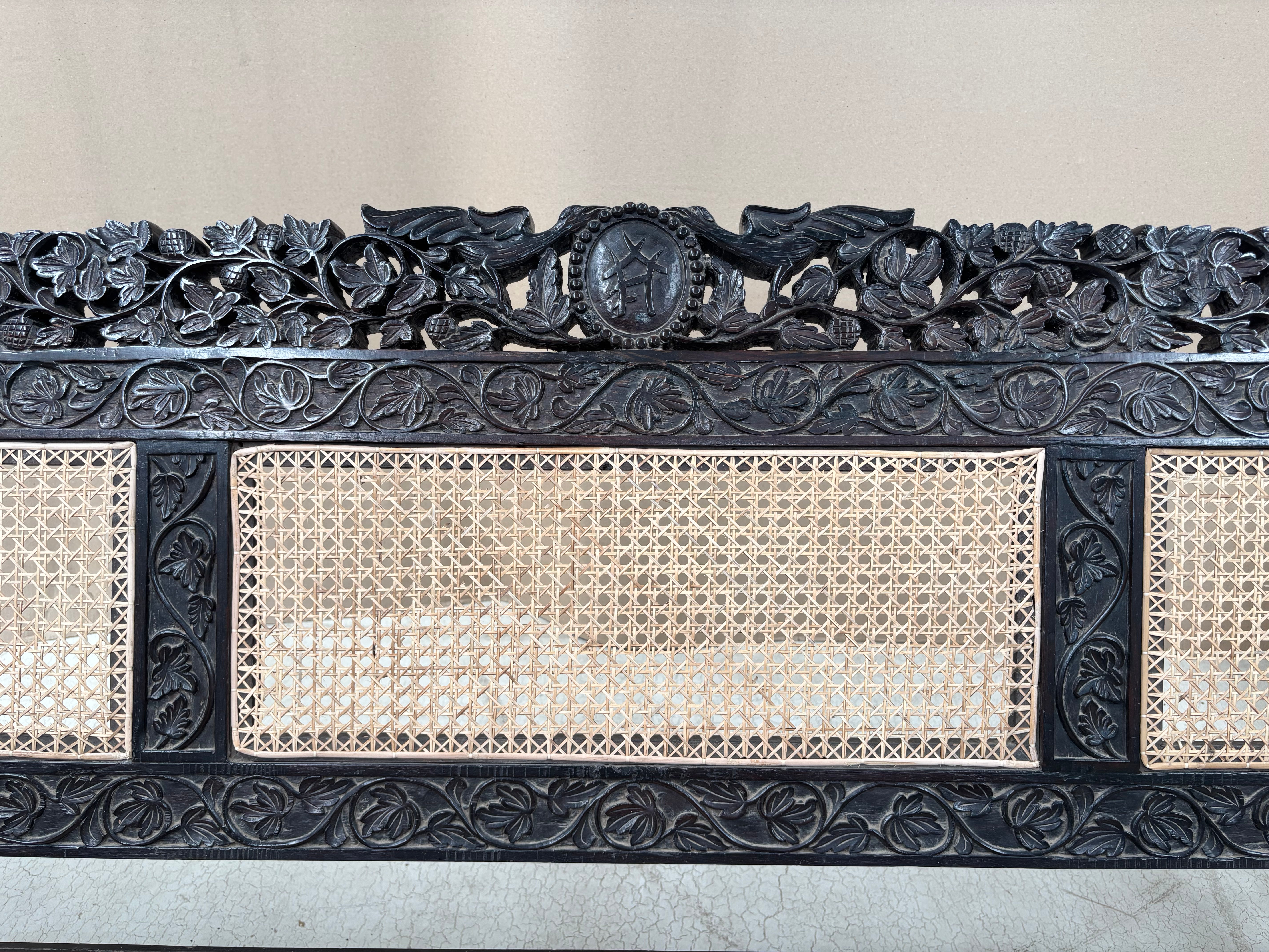 Anglo-Indian Colonial Style Rosewood & Cane Long Bench