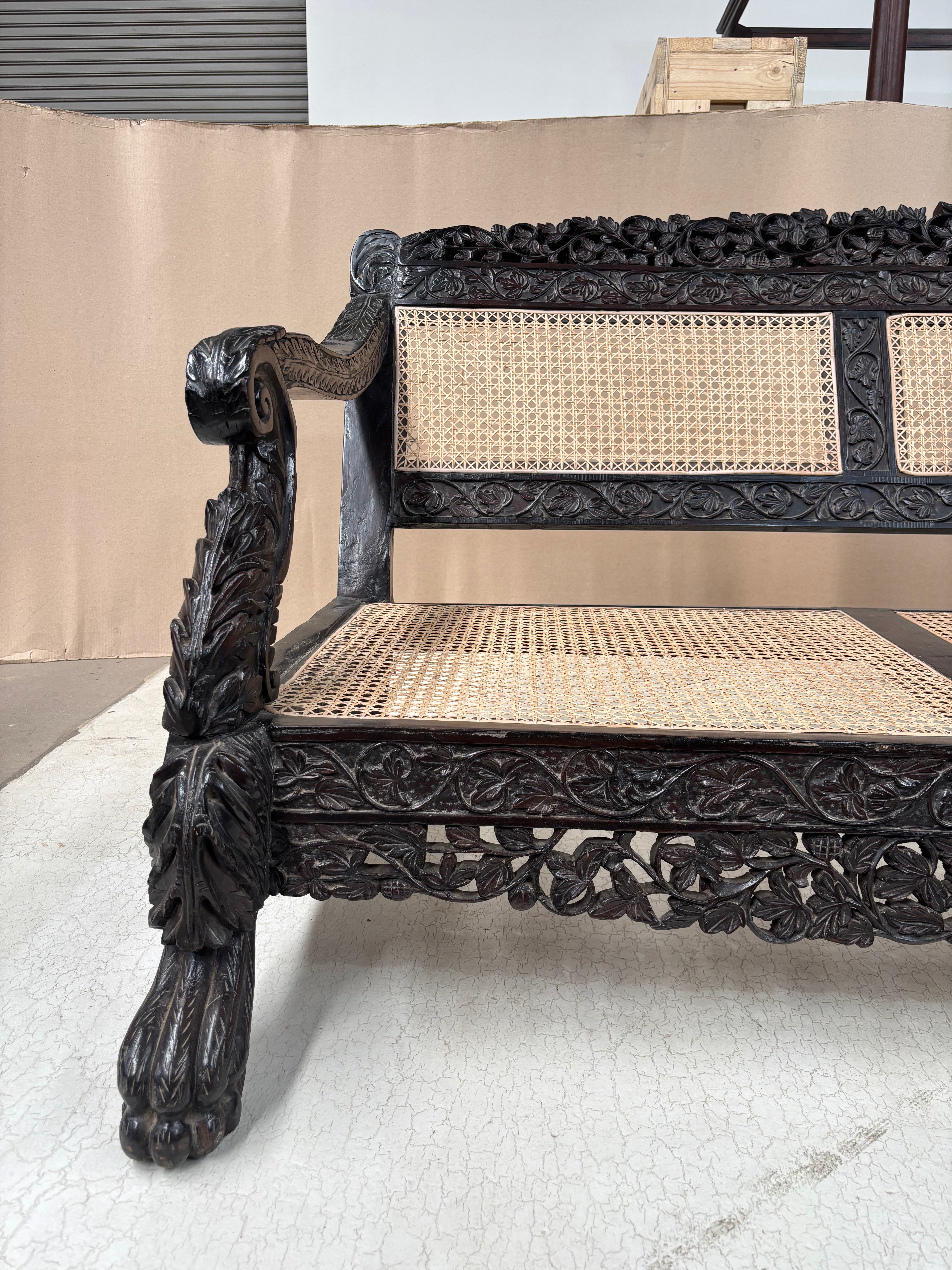 Anglo-Indian Colonial Style Rosewood & Cane Long Bench