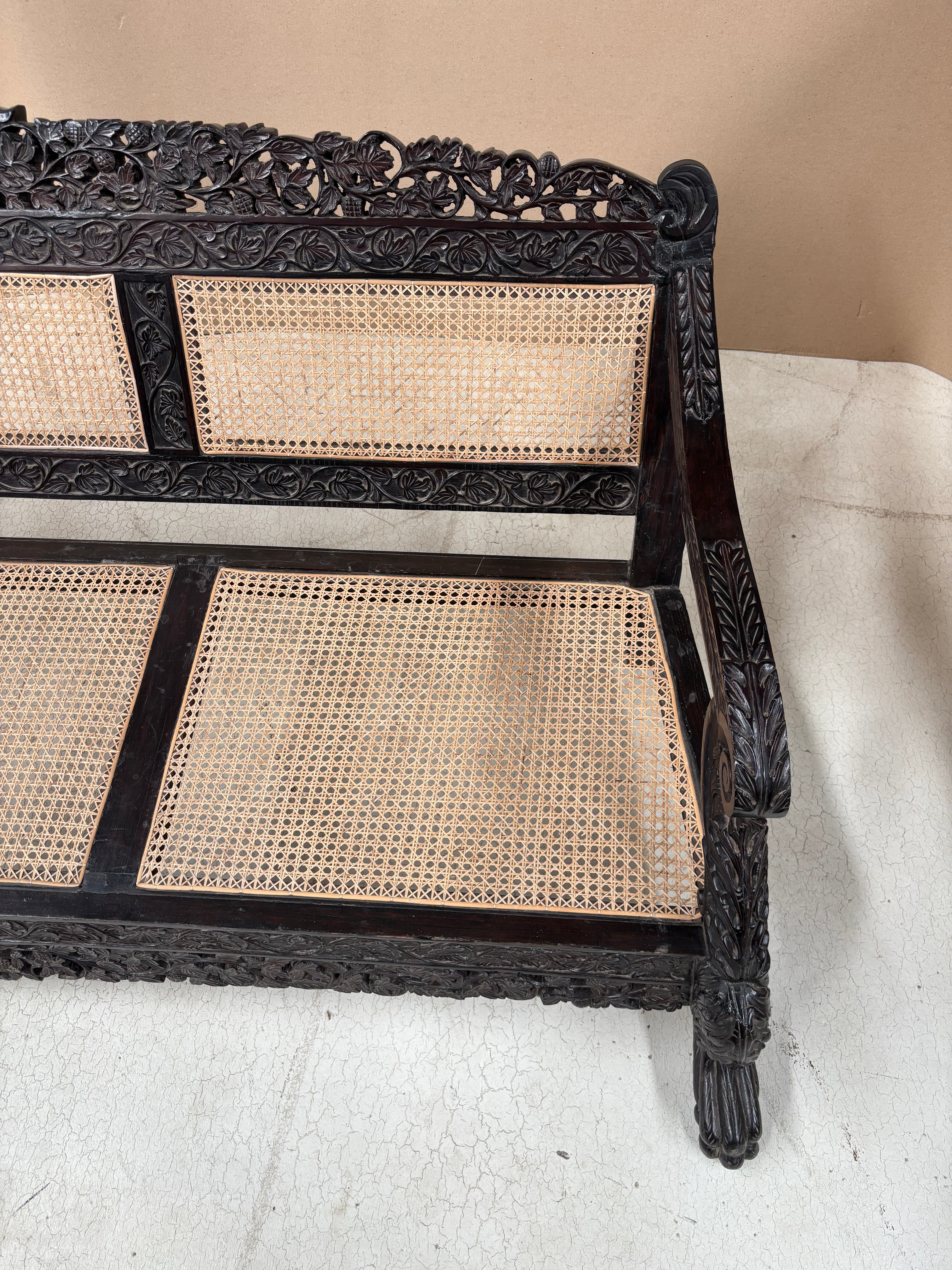 Anglo-Indian Colonial Style Rosewood & Cane Long Bench