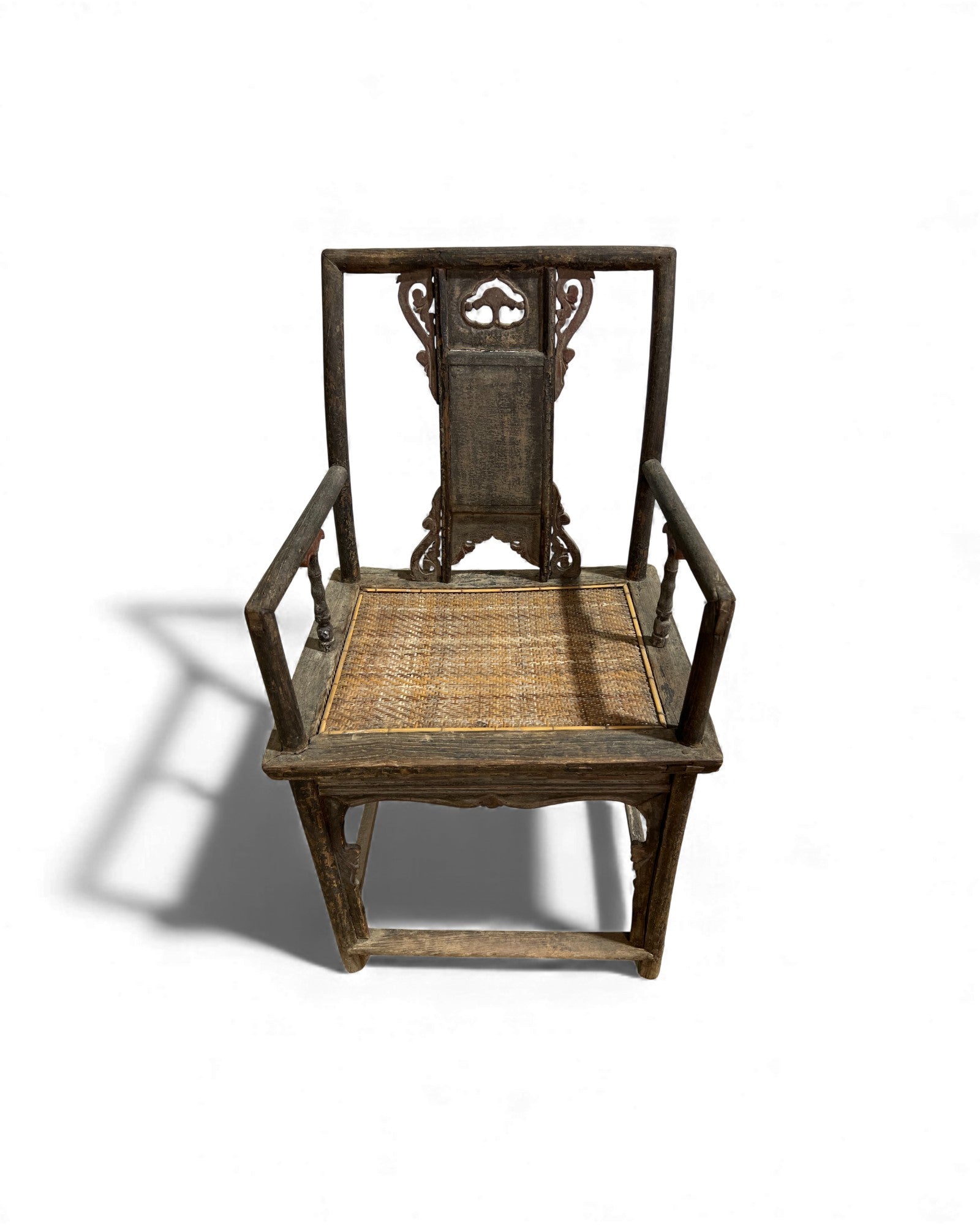 Chinese Elm Armchair with Carved Backrest & New Rattan Seat - Surround Living - 23