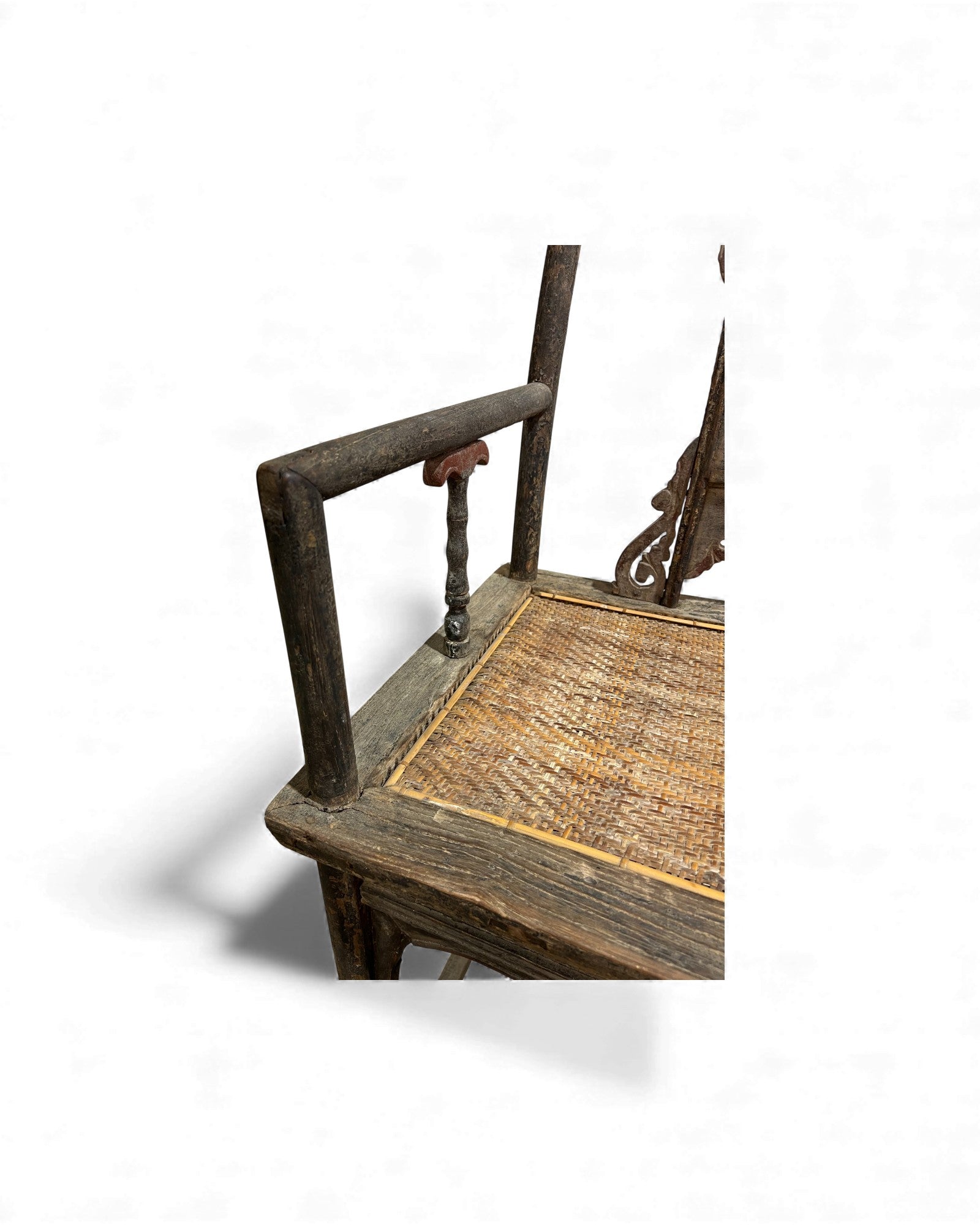Chinese Elm Armchair with Carved Backrest & New Rattan Seat - Surround Living - 11
