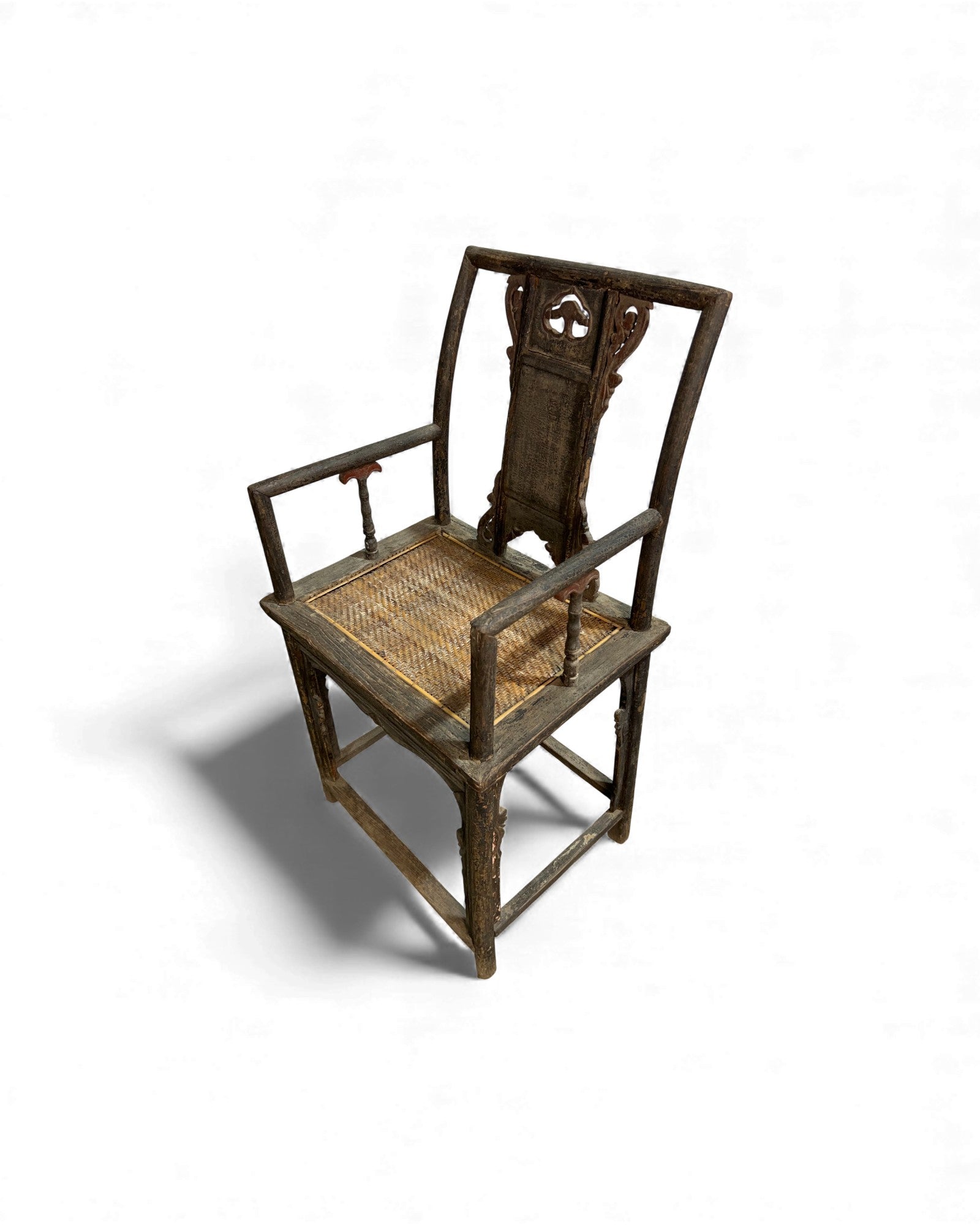 Chinese Elm Armchair with Carved Backrest & New Rattan Seat - Surround Living - 7
