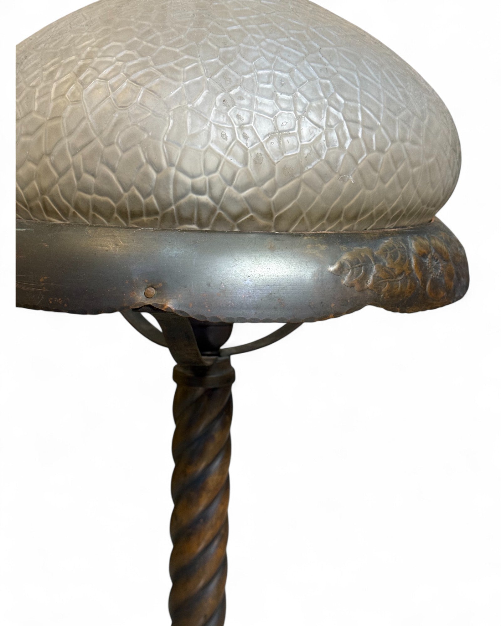 Art Nouveau Twisted Metal Lamp with Crackle Glass Shade