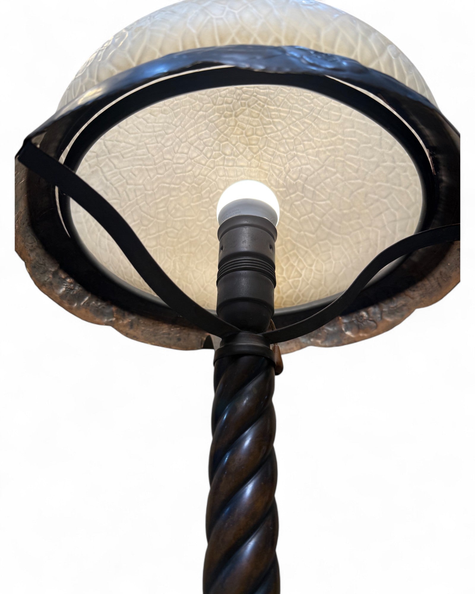 Art Nouveau Twisted Metal Lamp with Crackle Glass Shade
