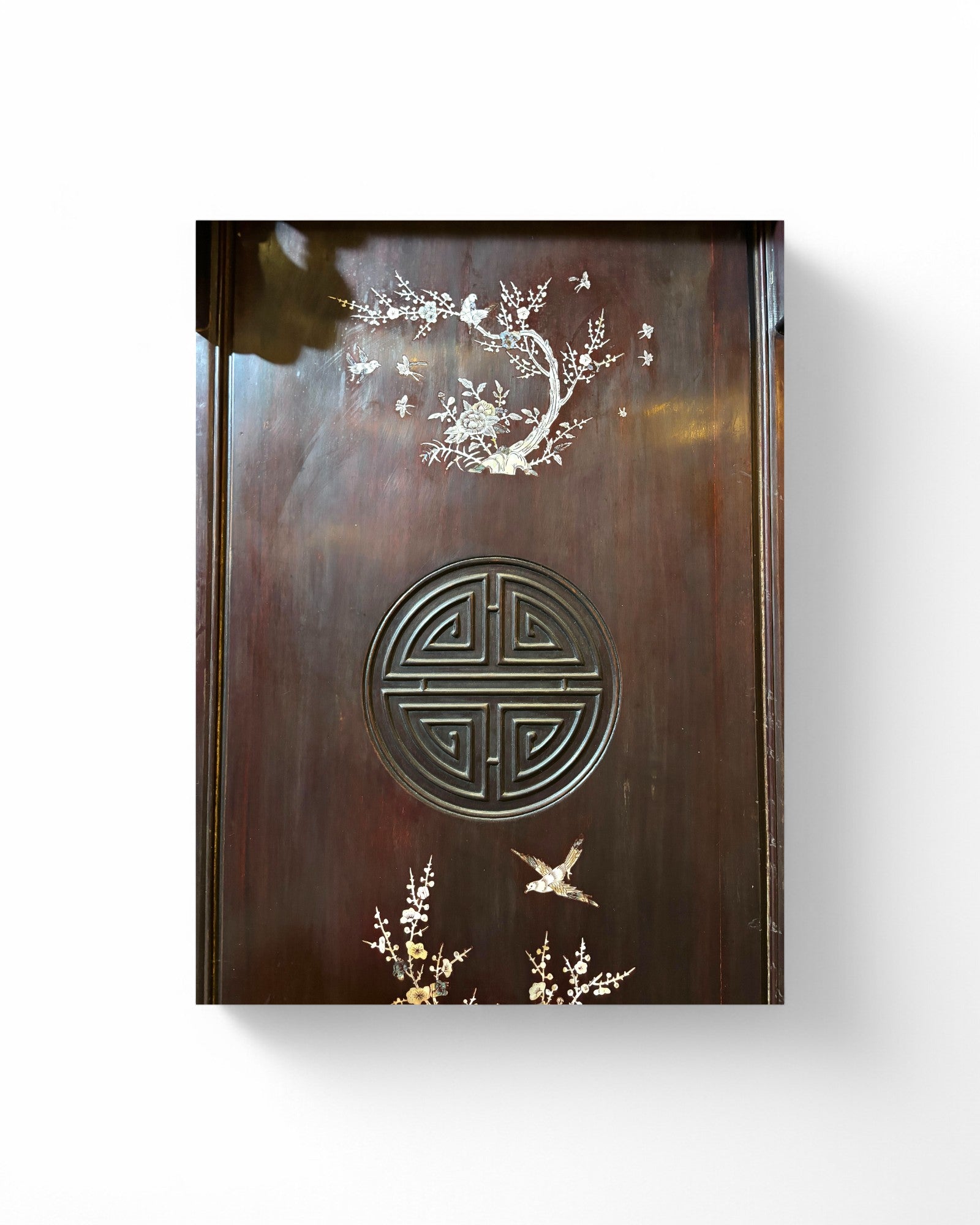 Gilded Mother of Pearl Inlaid Chinese Dark Wood Cabinet and Console