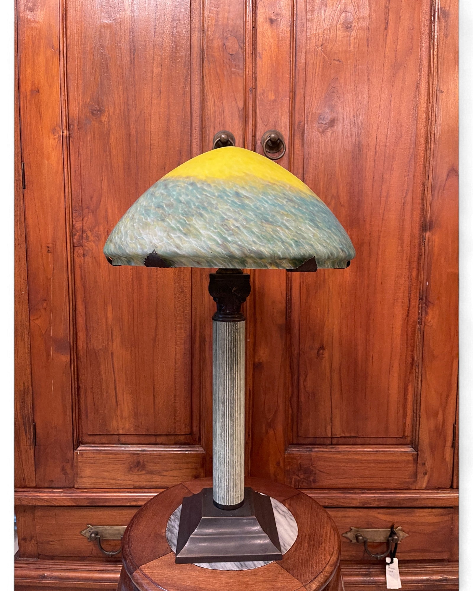 French Art Nouveau Brass Table Lamp with Iridescent Art Glass Shade