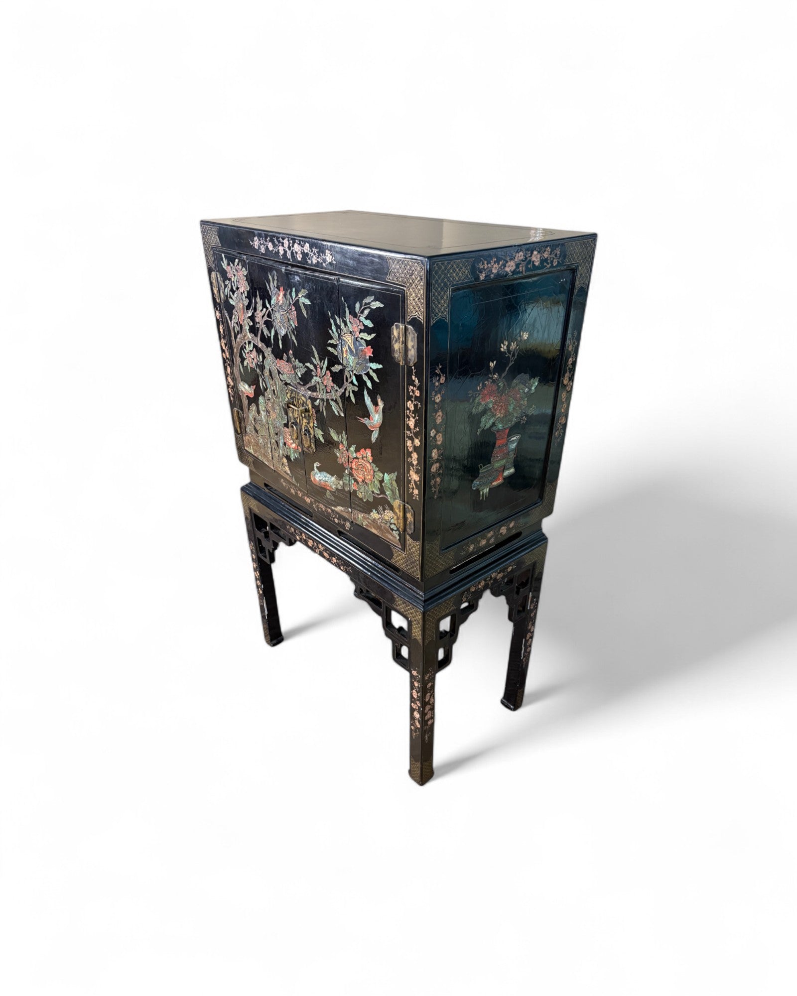 Chinese Black Lacquer Sliding TV Cabinet with Mother-of-Pearl Inlay