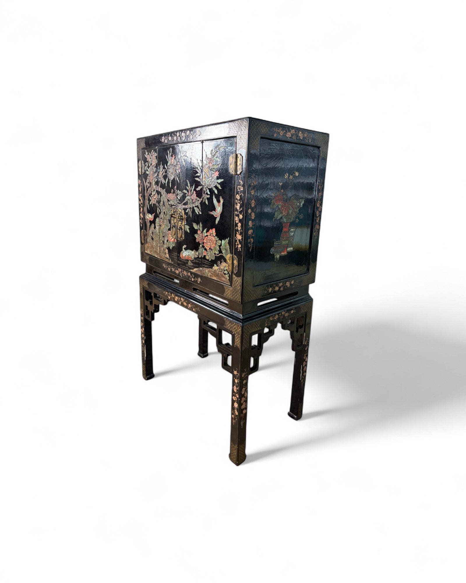 Chinese Black Lacquer Sliding TV Cabinet with Mother-of-Pearl Inlay