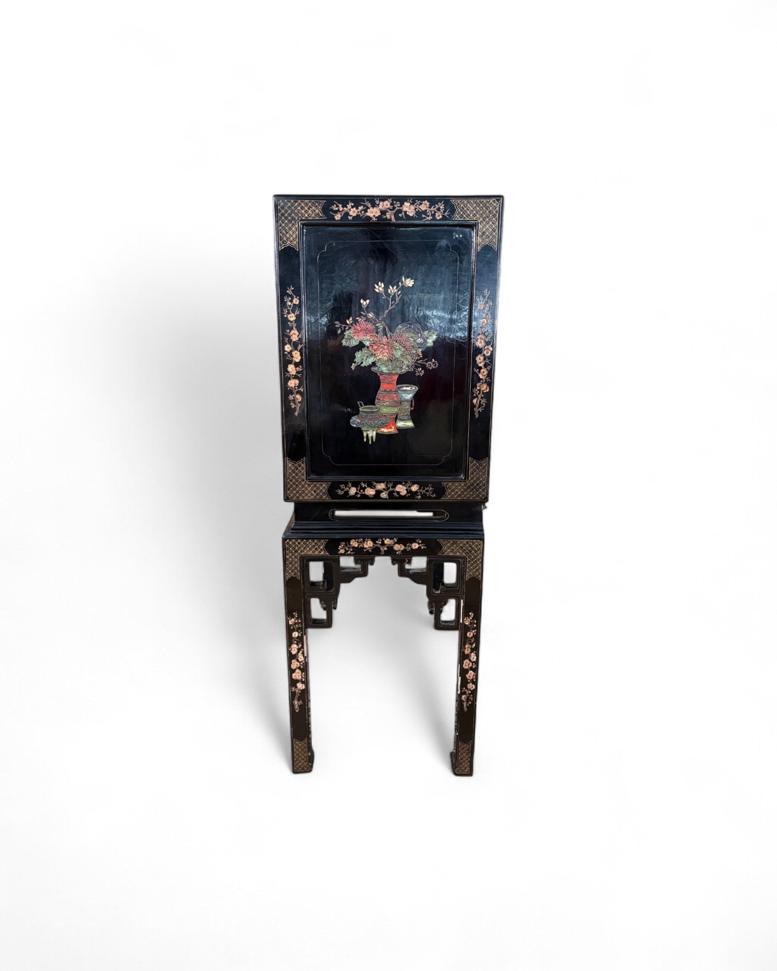 Chinese Black Lacquer Sliding TV Cabinet with Mother-of-Pearl Inlay