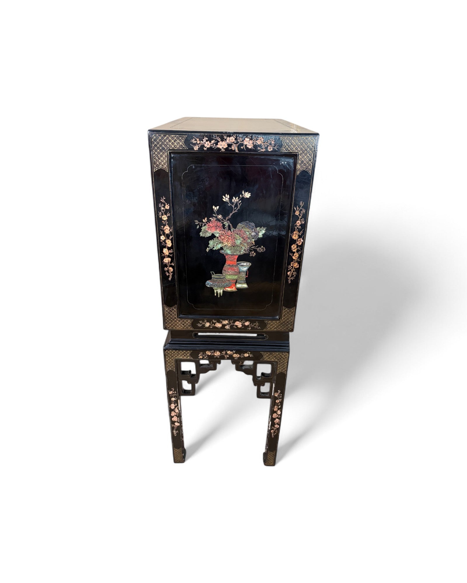 Chinese Black Lacquer Sliding TV Cabinet with Mother-of-Pearl Inlay