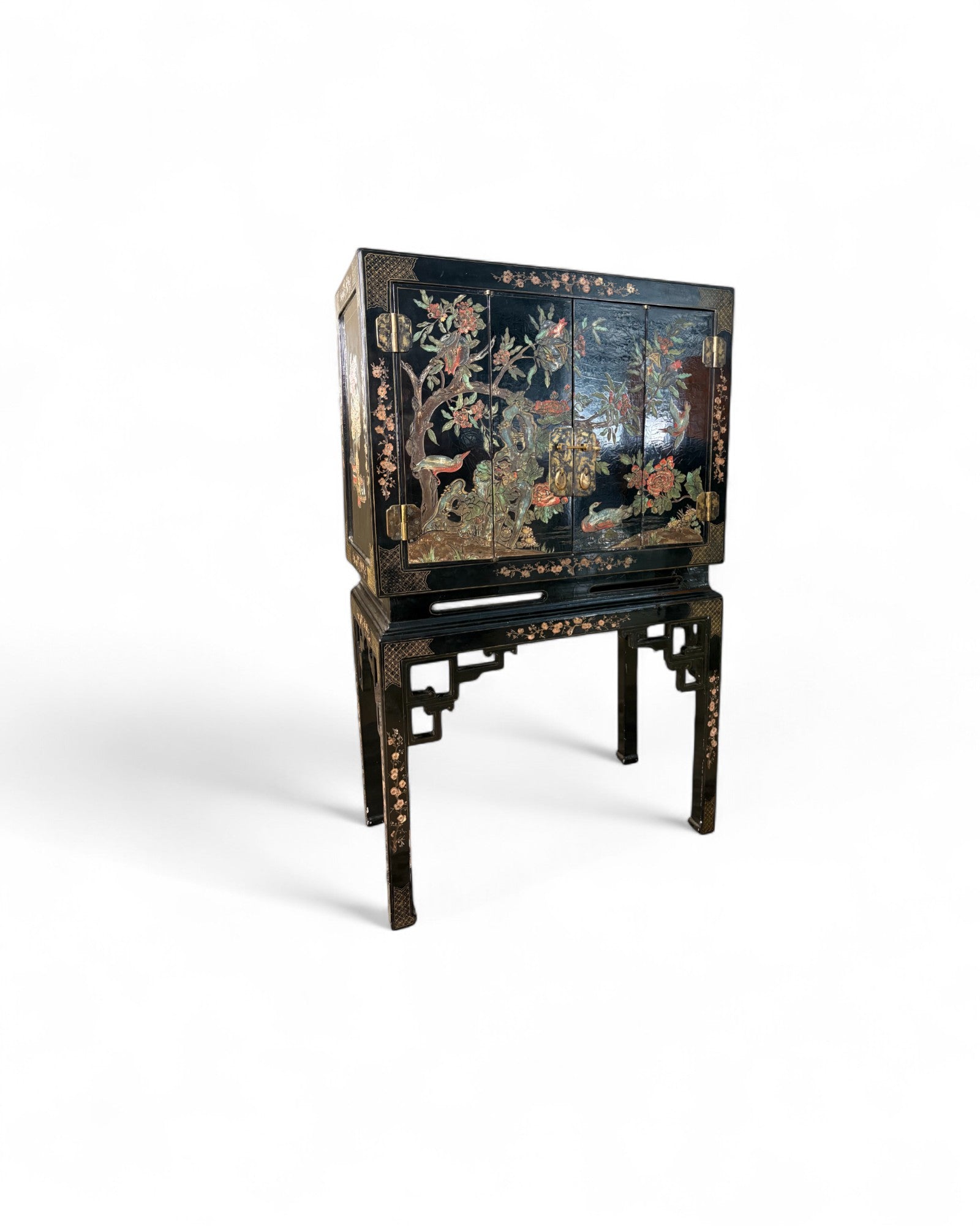 Chinese Black Lacquer Sliding TV Cabinet with Mother-of-Pearl Inlay
