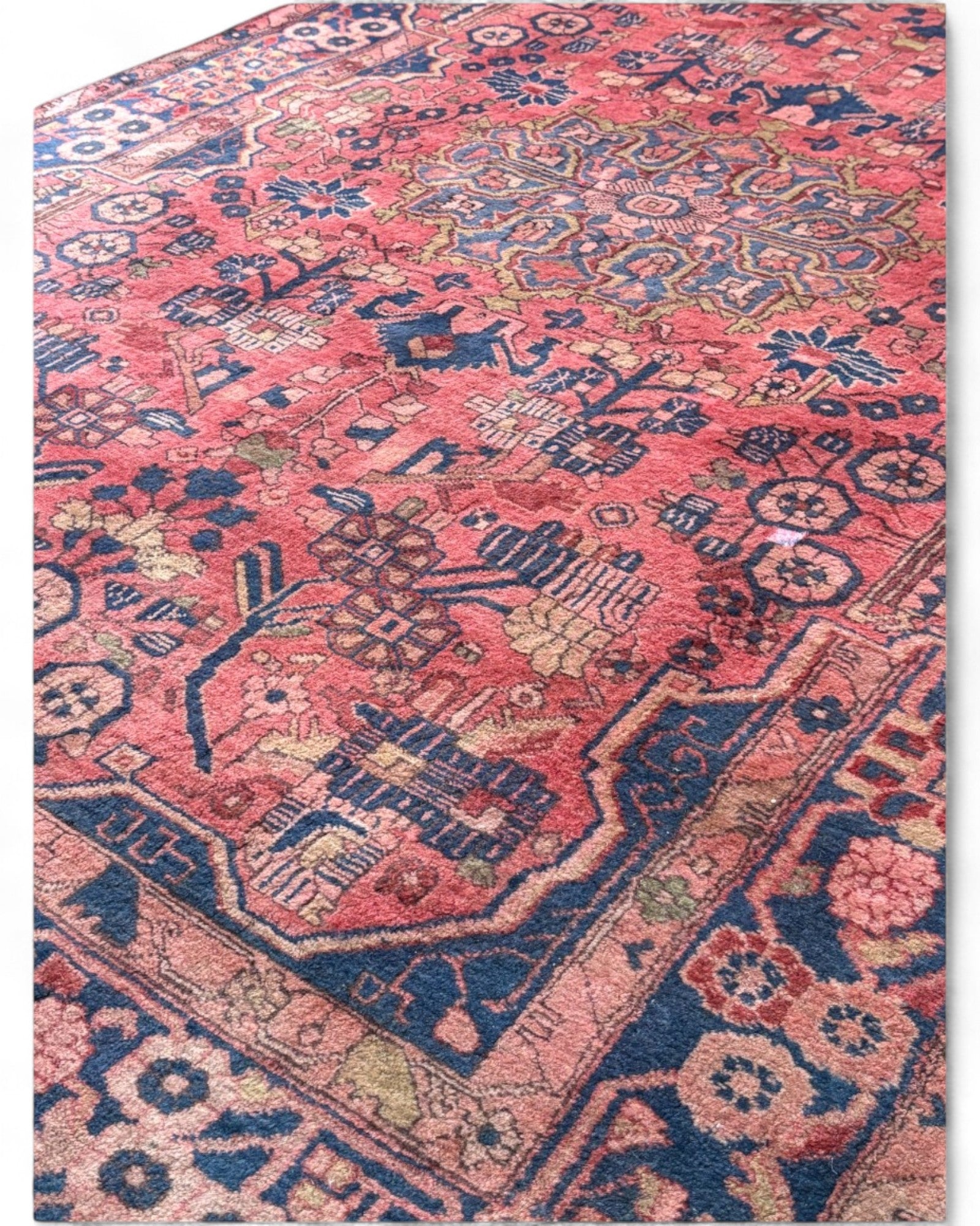 Vintage Persian Heriz Rug in Rose Red and Navy | 242 x 147cm