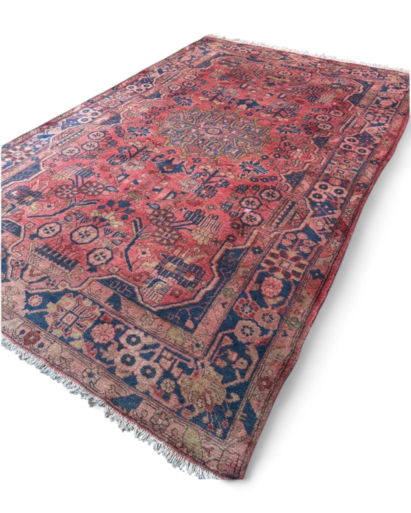 Vintage Persian Heriz Rug in Rose Red and Navy | 242 x 147cm