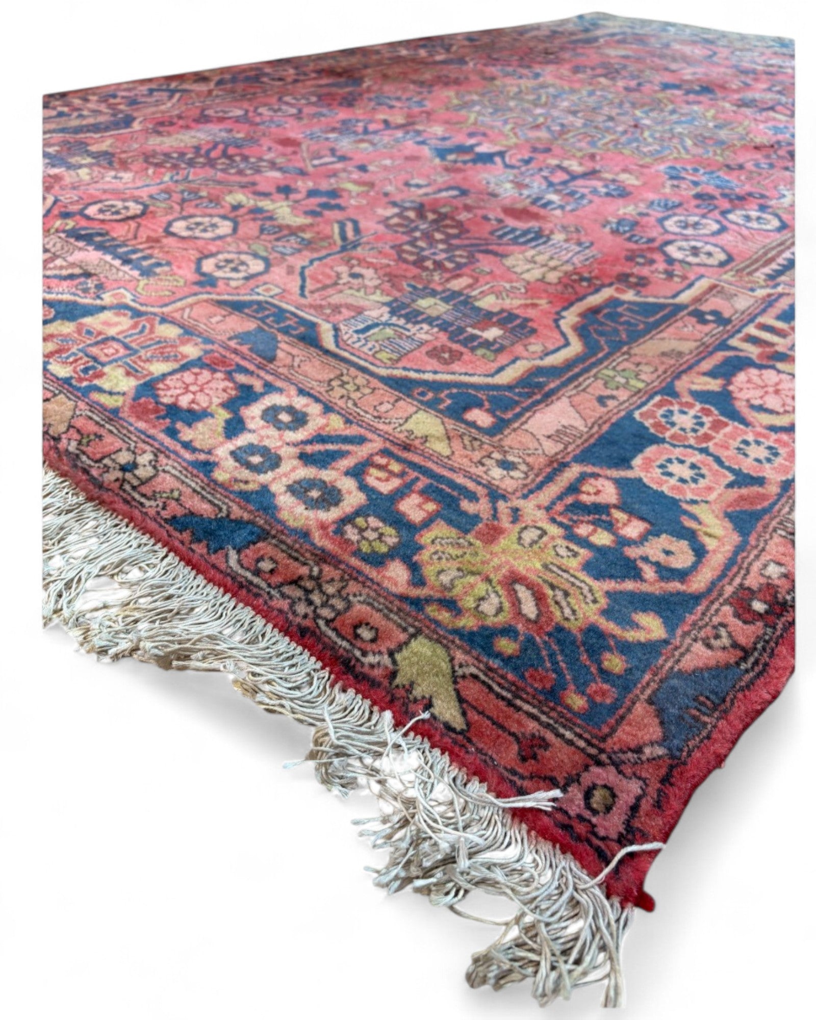 Vintage Persian Heriz Rug in Rose Red and Navy | 242 x 147cm