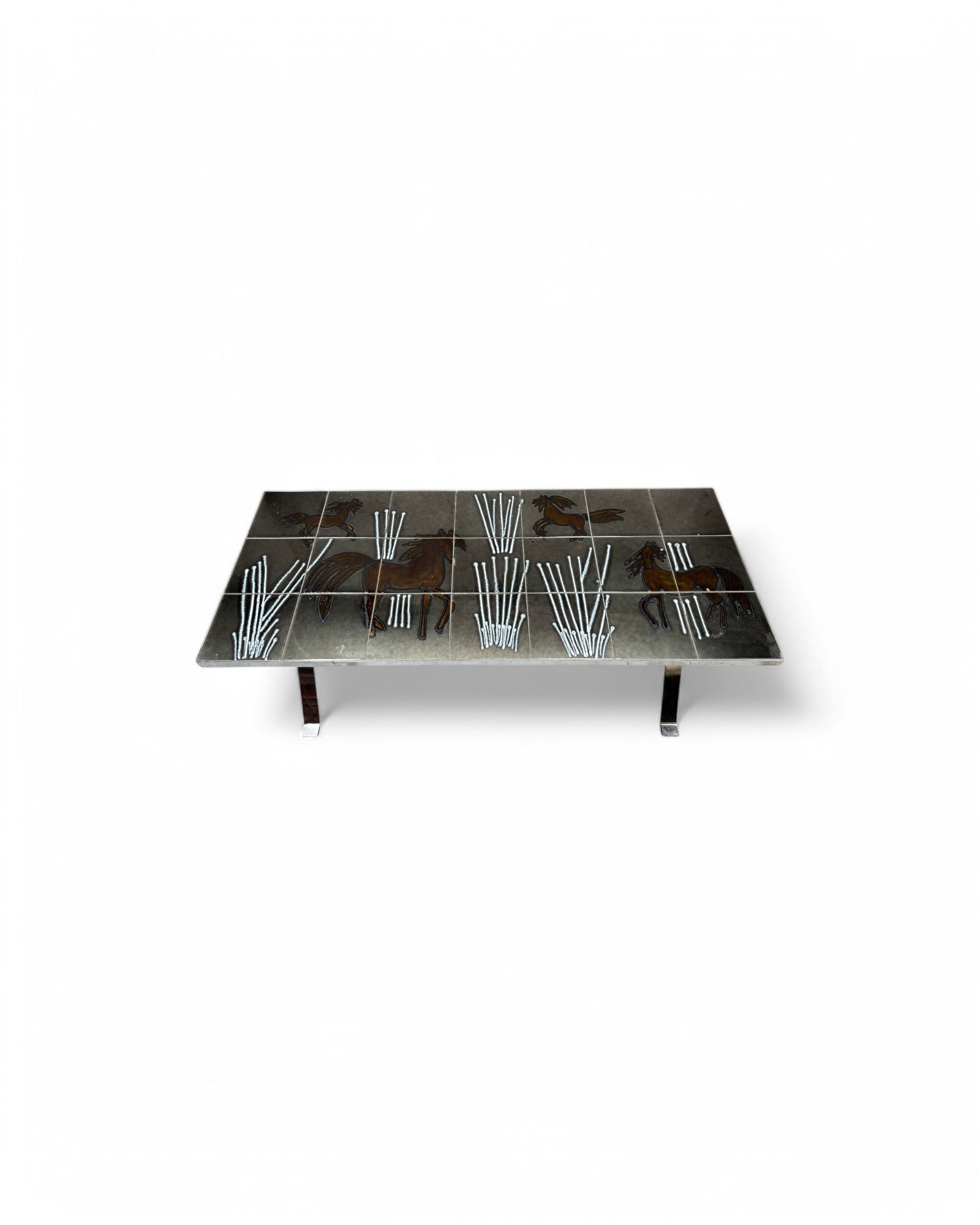 Horses in the Field, Grey, Brown and White Swiss Ceramic Tiled Coffee Table