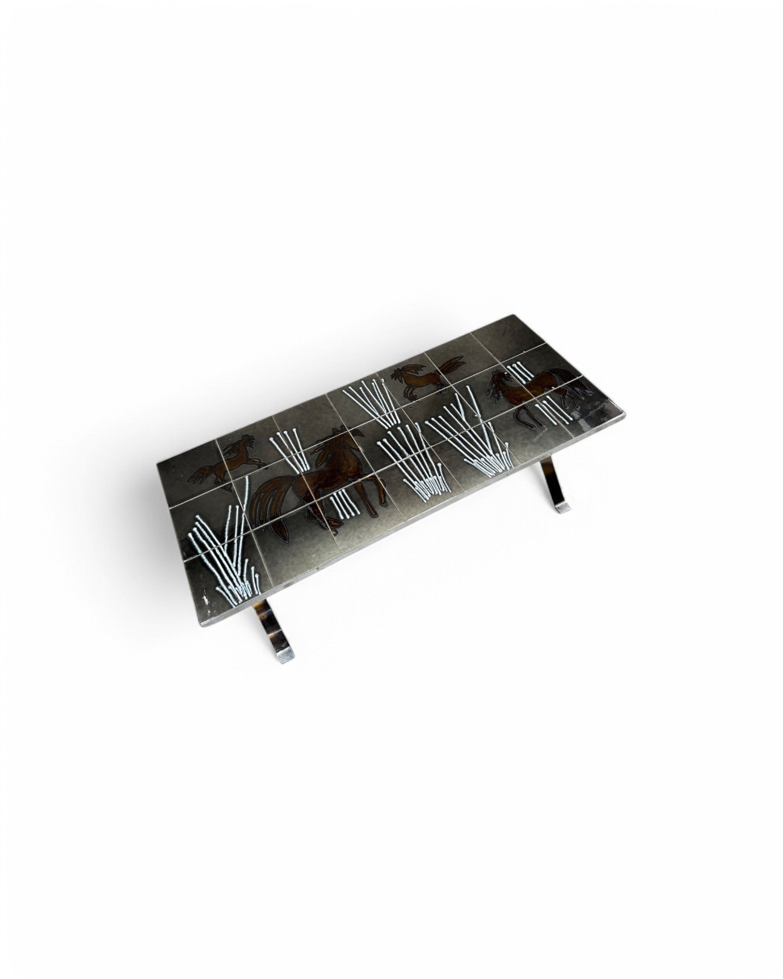 Horses in the Field, Grey, Brown and White Swiss Ceramic Tiled Coffee Table