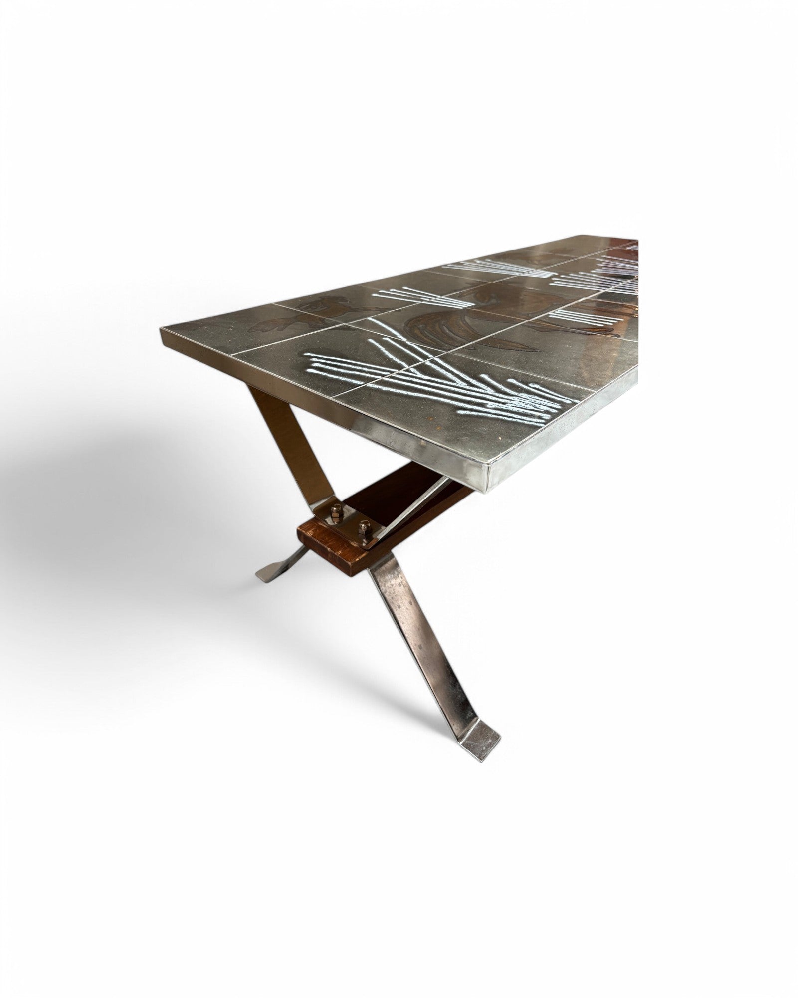 Horses in the Field, Grey, Brown and White Swiss Ceramic Tiled Coffee Table