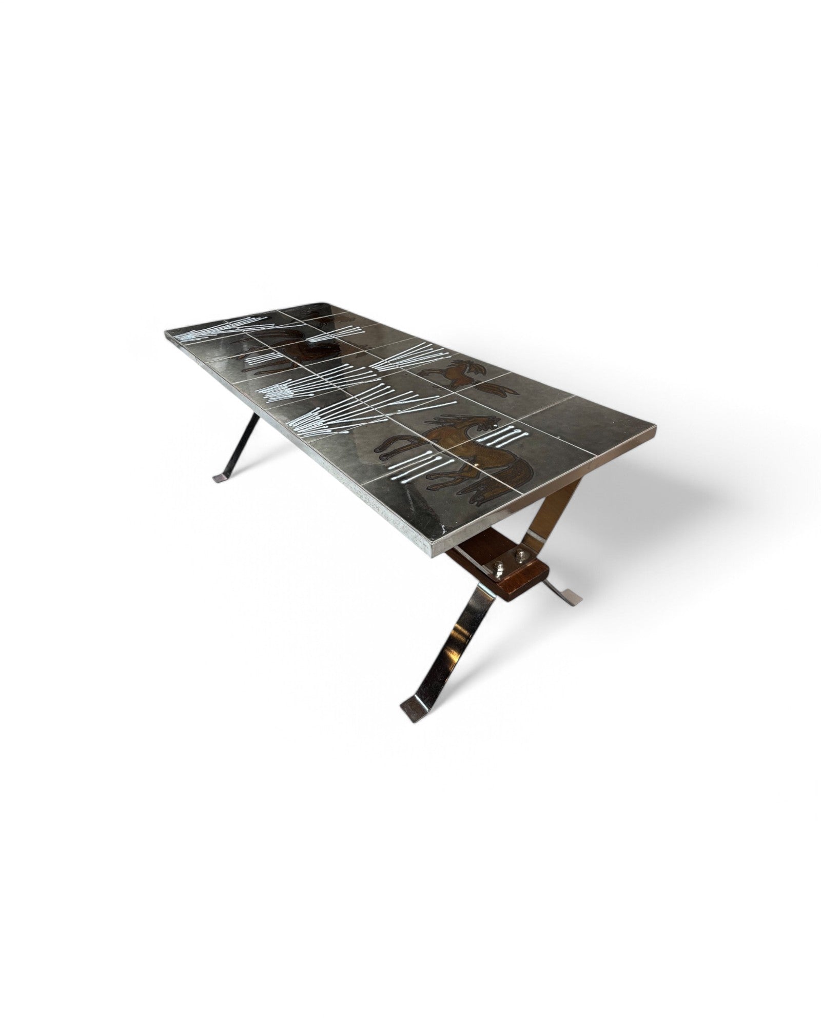 Horses in the Field, Grey, Brown and White Swiss Ceramic Tiled Coffee Table