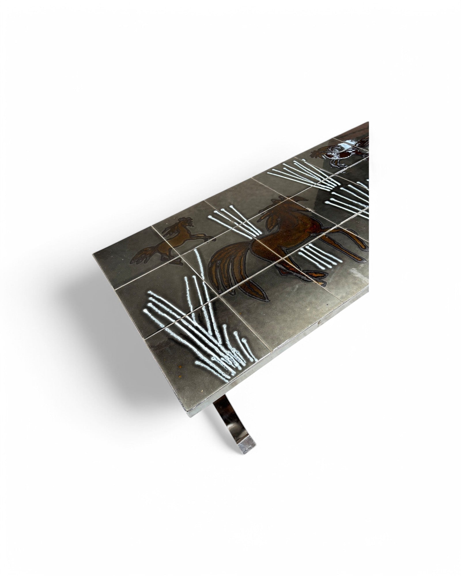 Horses in the Field, Grey, Brown and White Swiss Ceramic Tiled Coffee Table