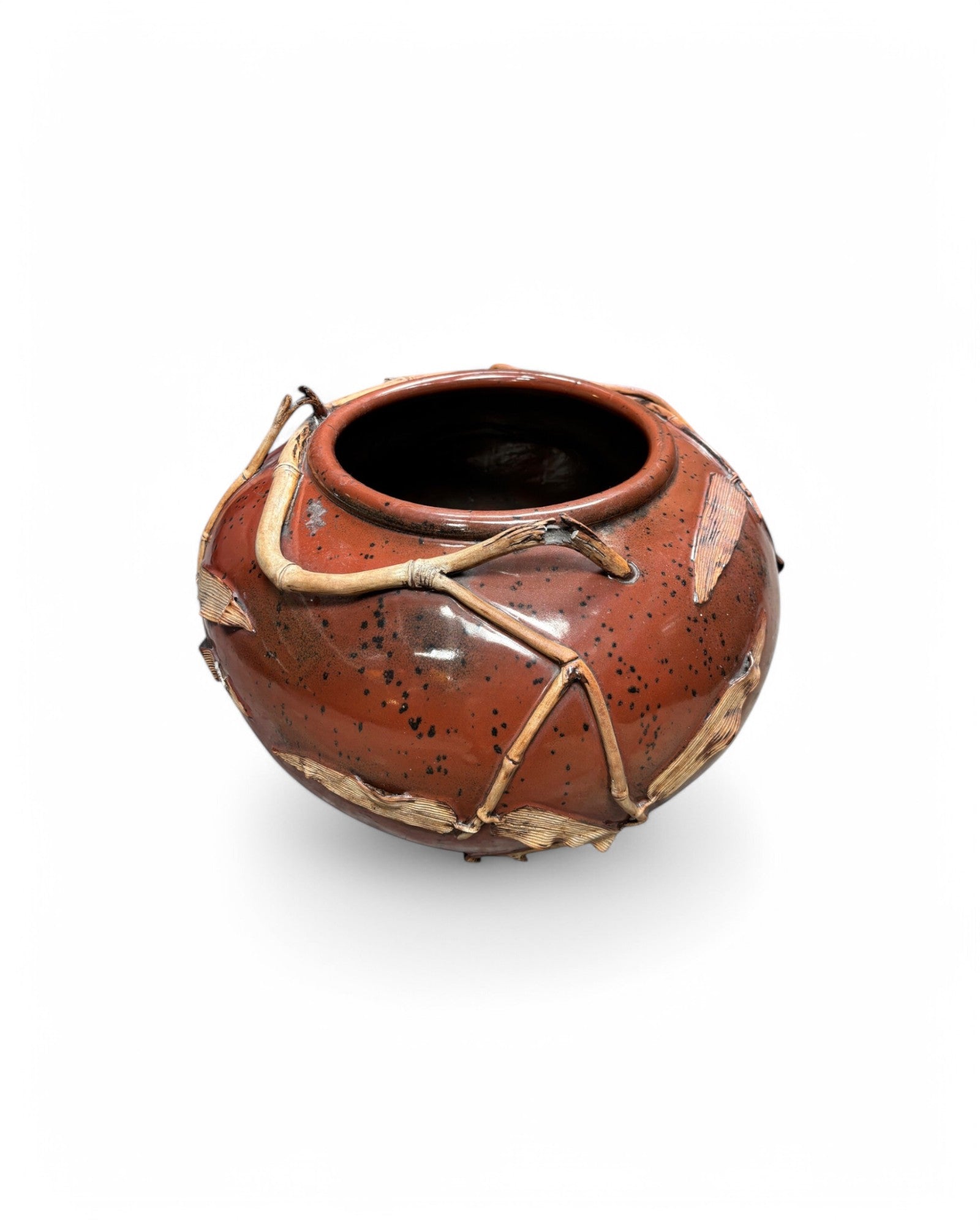Japanese Bamboo Inlaid Maroon Ceramic Art Pot