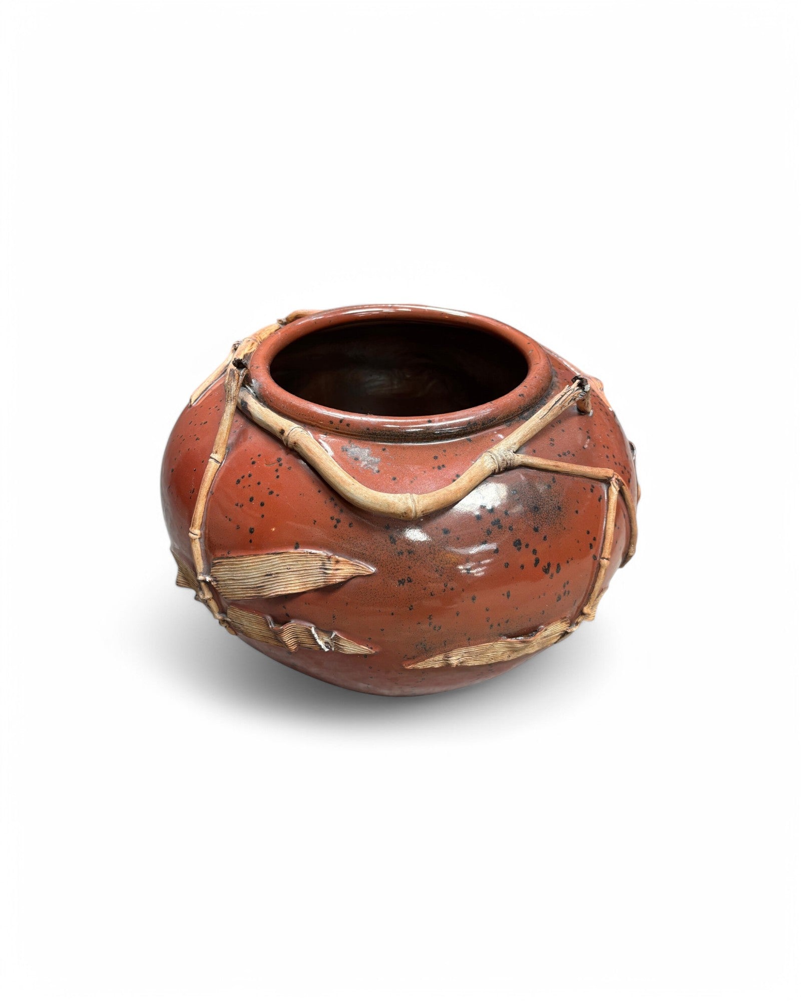 Japanese Bamboo Inlaid Maroon Ceramic Art Pot