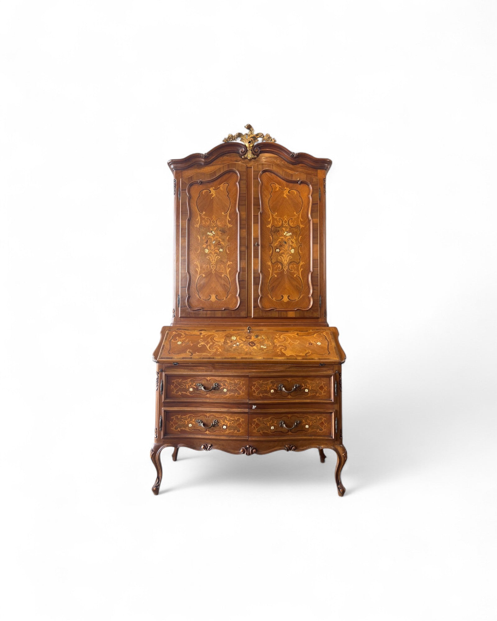 Trumeau Walnut Italian Louis XV Style Cabinet with Green Fabric Interior