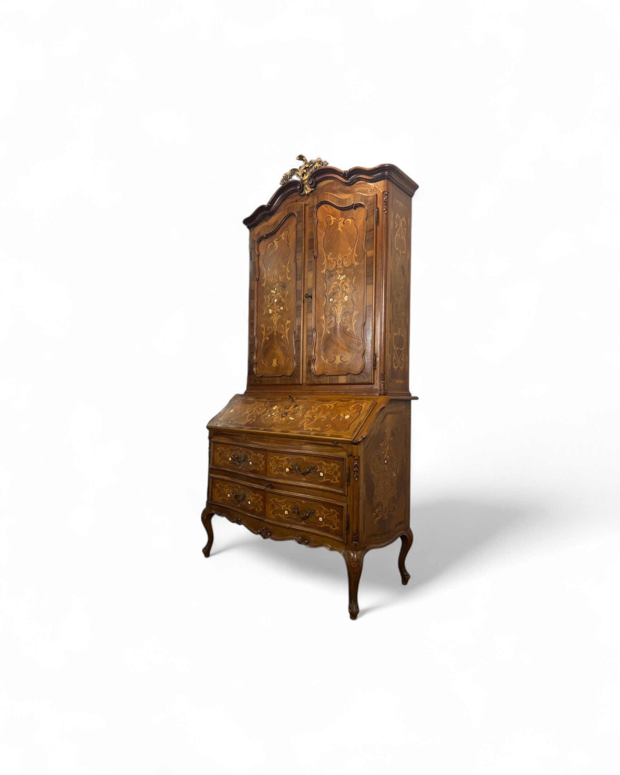 Trumeau Walnut Italian Louis XV Style Cabinet with Green Fabric Interior