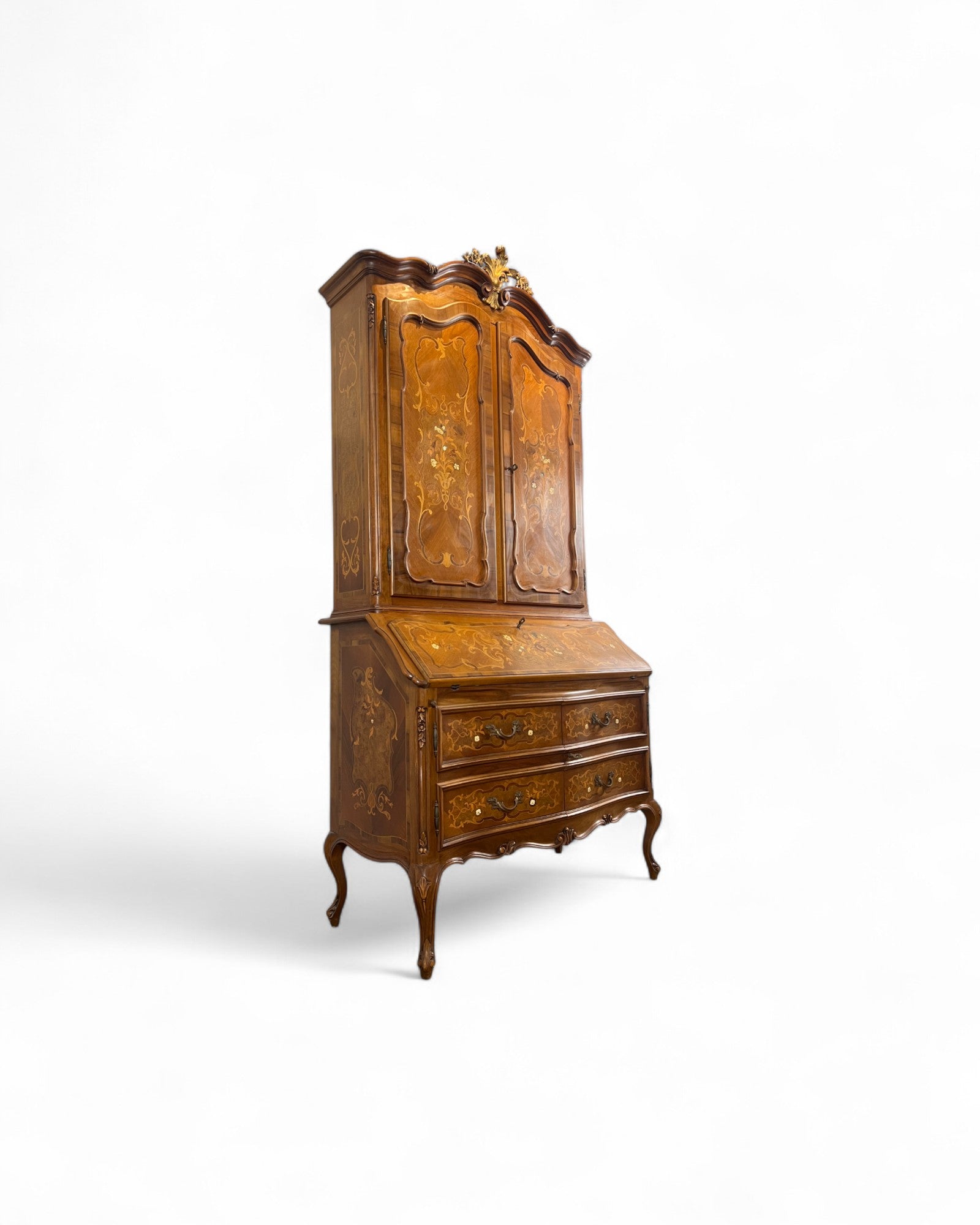 Trumeau Walnut Italian Louis XV Style Cabinet with Green Fabric Interior