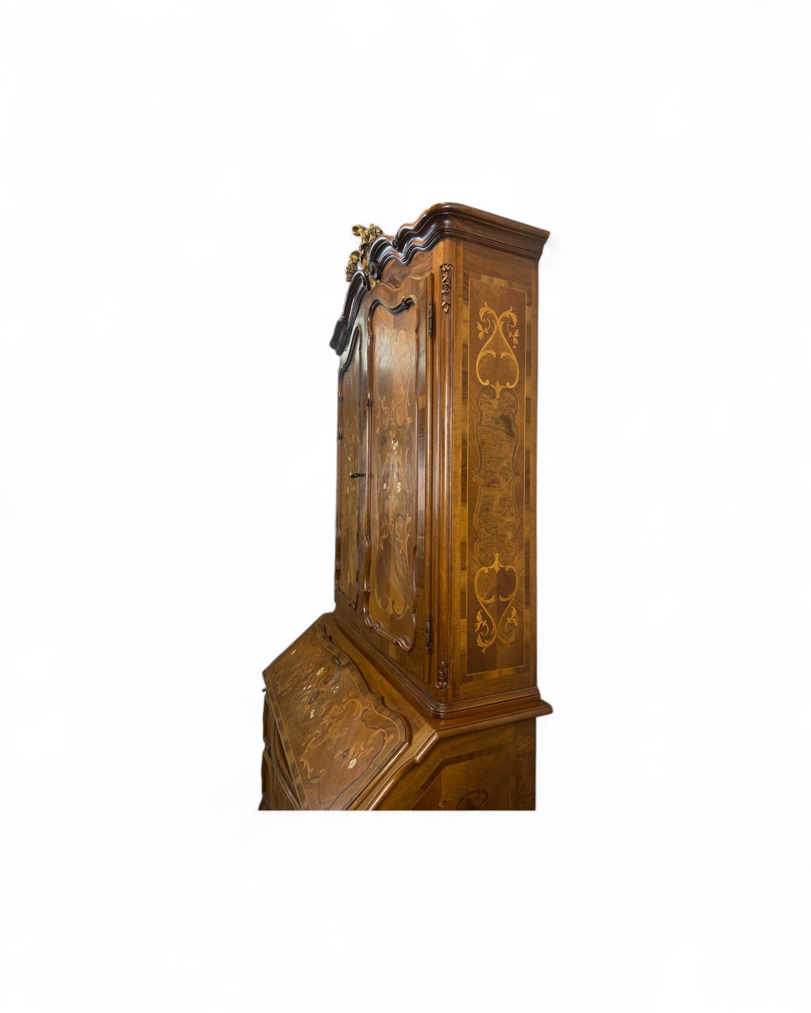 Trumeau Walnut Italian Louis XV Style Cabinet with Green Fabric Interior