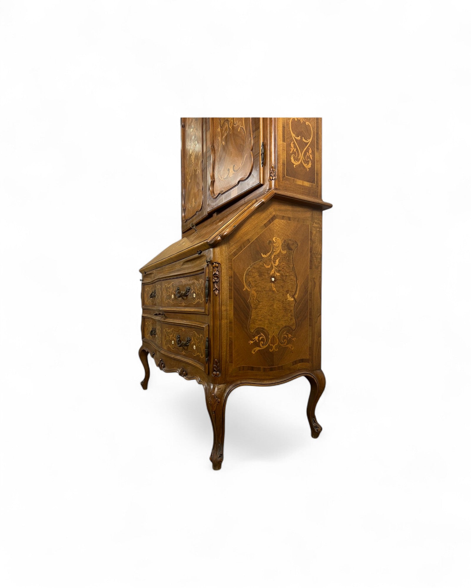 Trumeau Walnut Italian Louis XV Style Cabinet with Green Fabric Interior