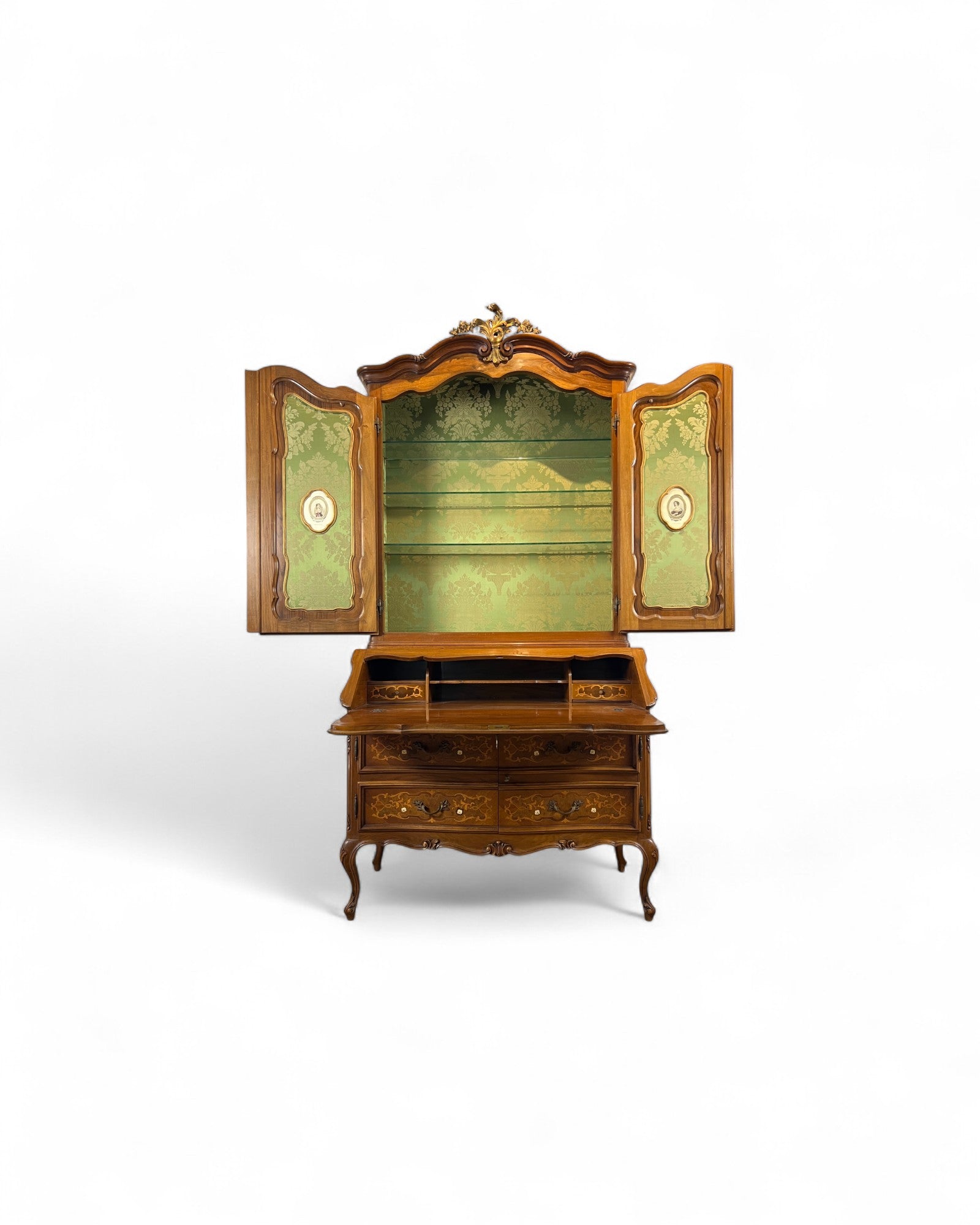 Trumeau Walnut Italian Louis XV Style Cabinet with Green Fabric Interior