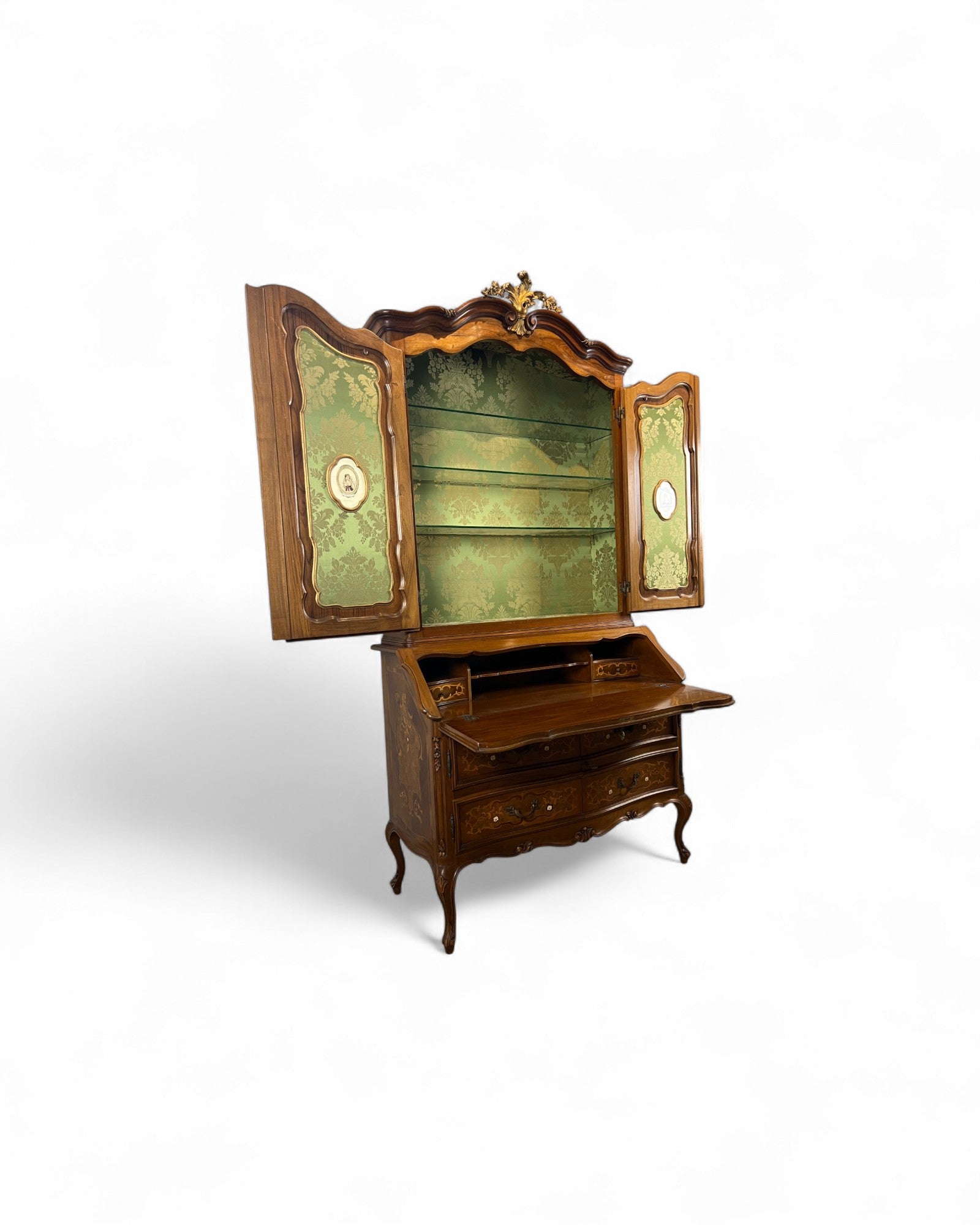 Trumeau Walnut Italian Louis XV Style Cabinet with Green Fabric Interior