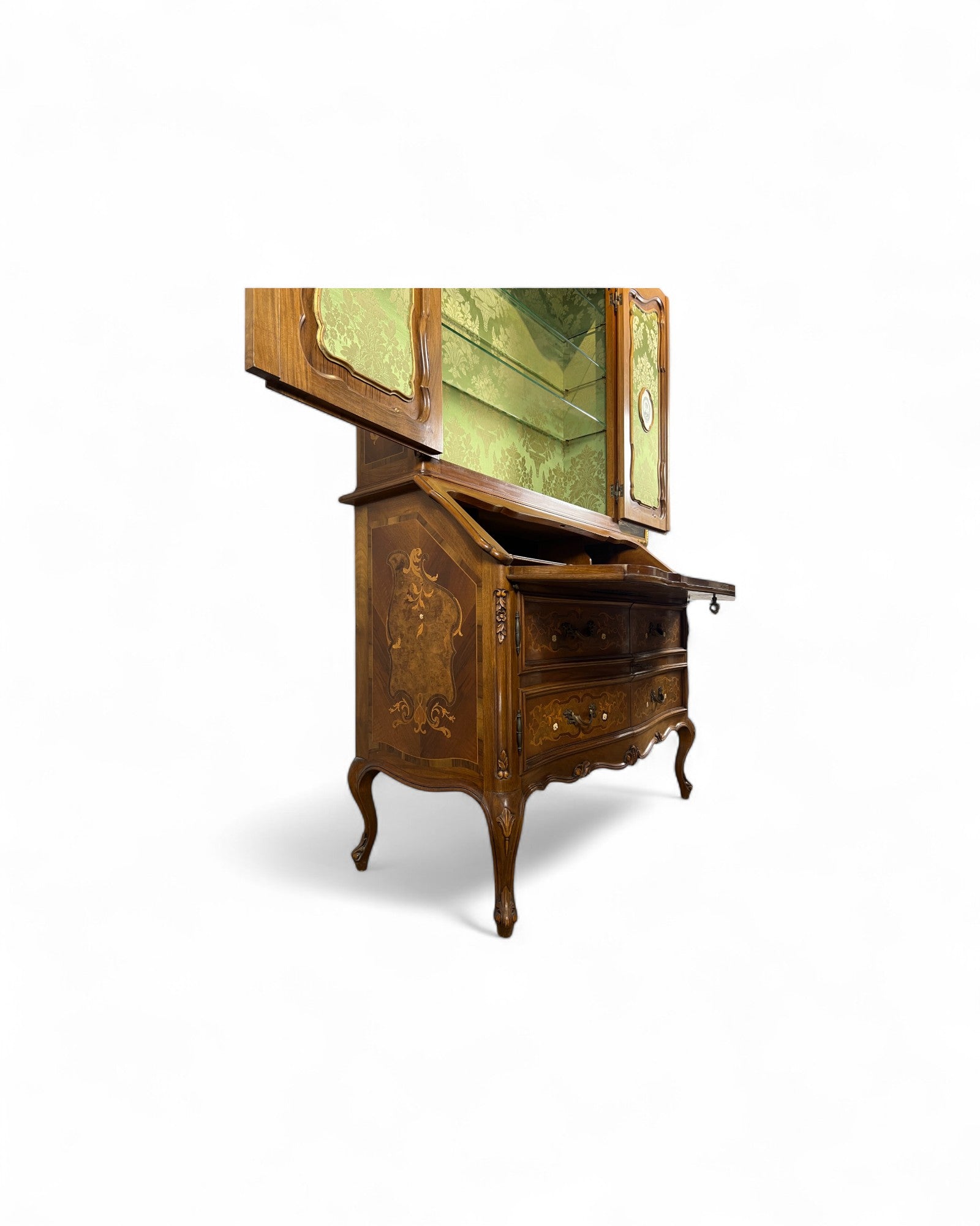 Trumeau Walnut Italian Louis XV Style Cabinet with Green Fabric Interior