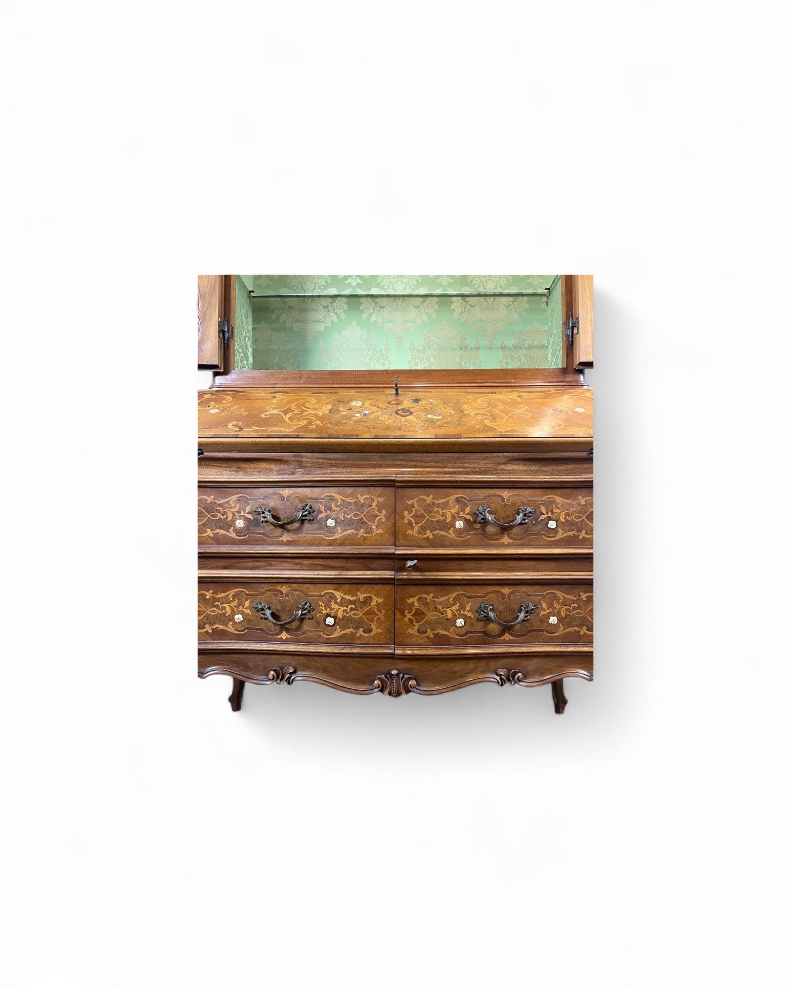 Trumeau Walnut Italian Louis XV Style Cabinet with Green Fabric Interior