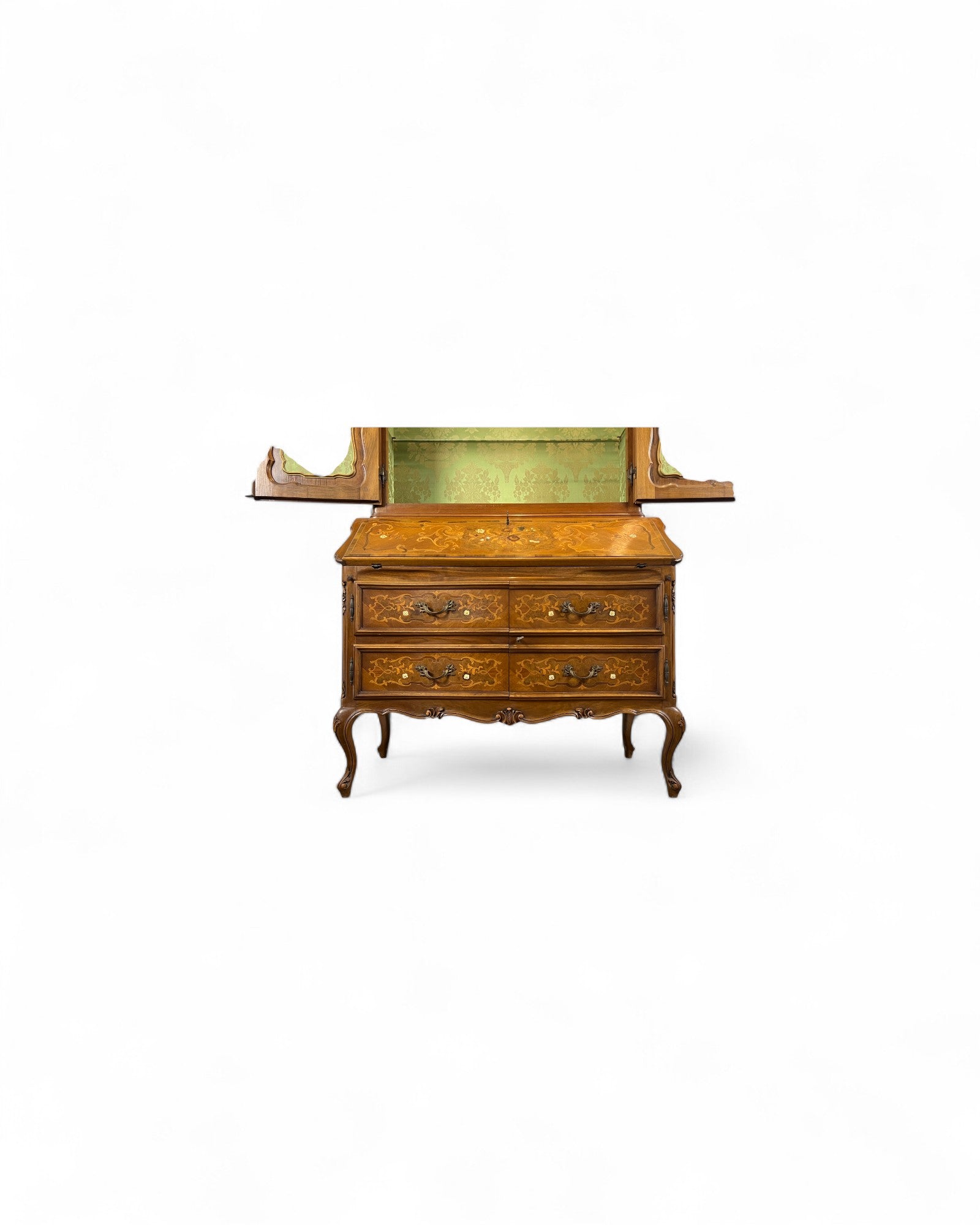 Trumeau Walnut Italian Louis XV Style Cabinet with Green Fabric Interior