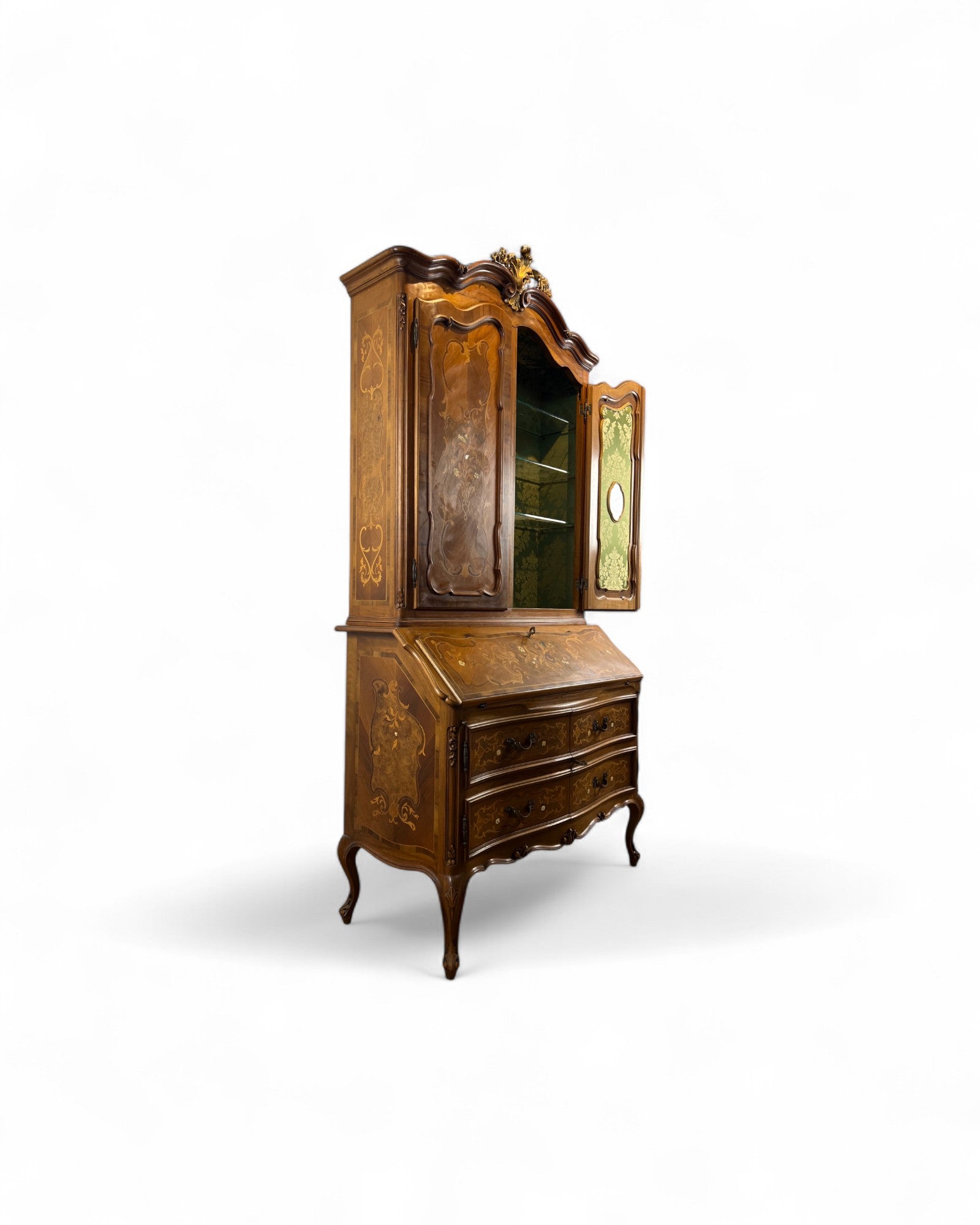 Trumeau Walnut Italian Louis XV Style Cabinet with Green Fabric Interior