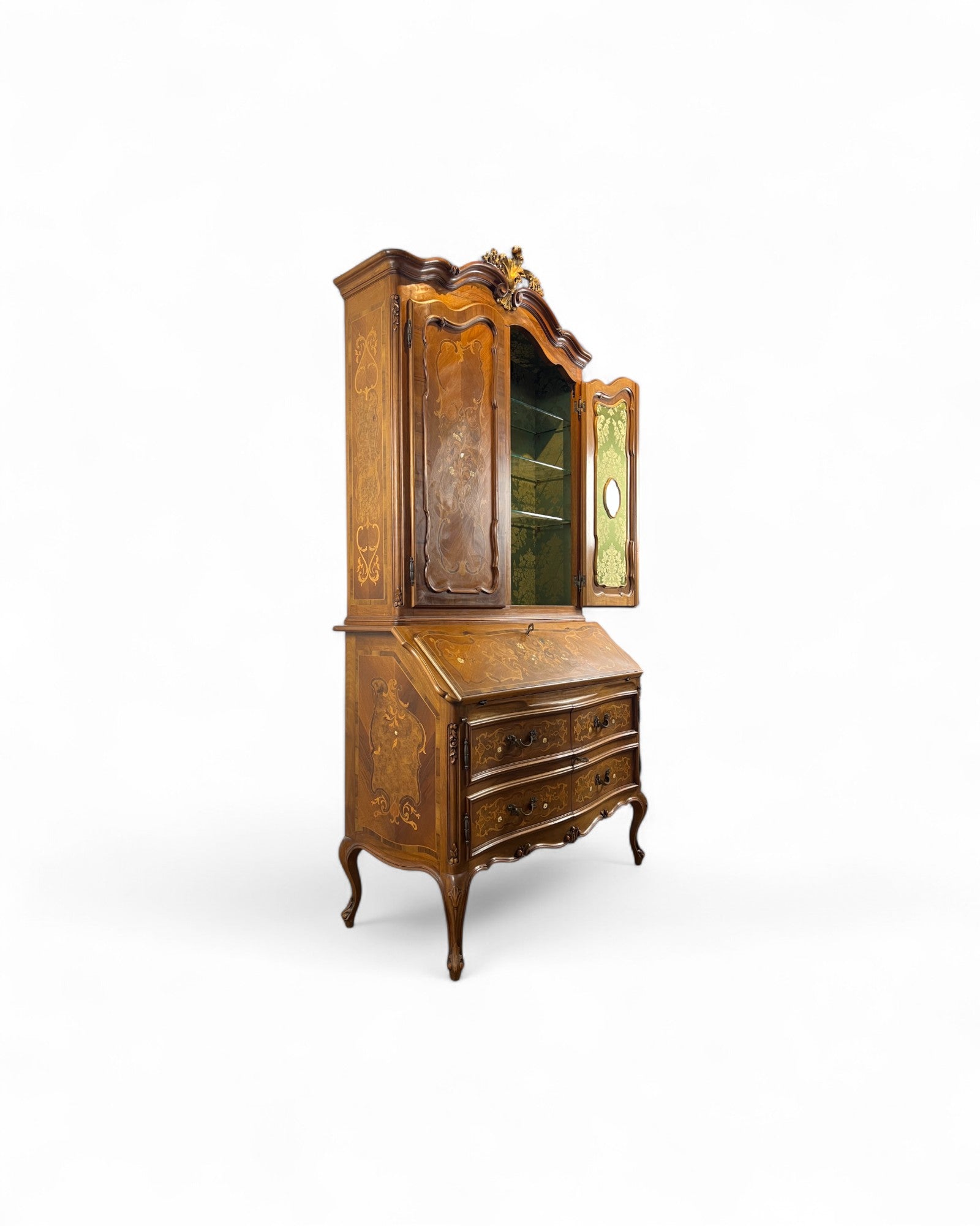 Trumeau Walnut Italian Louis XV Style Cabinet with Green Fabric Interior