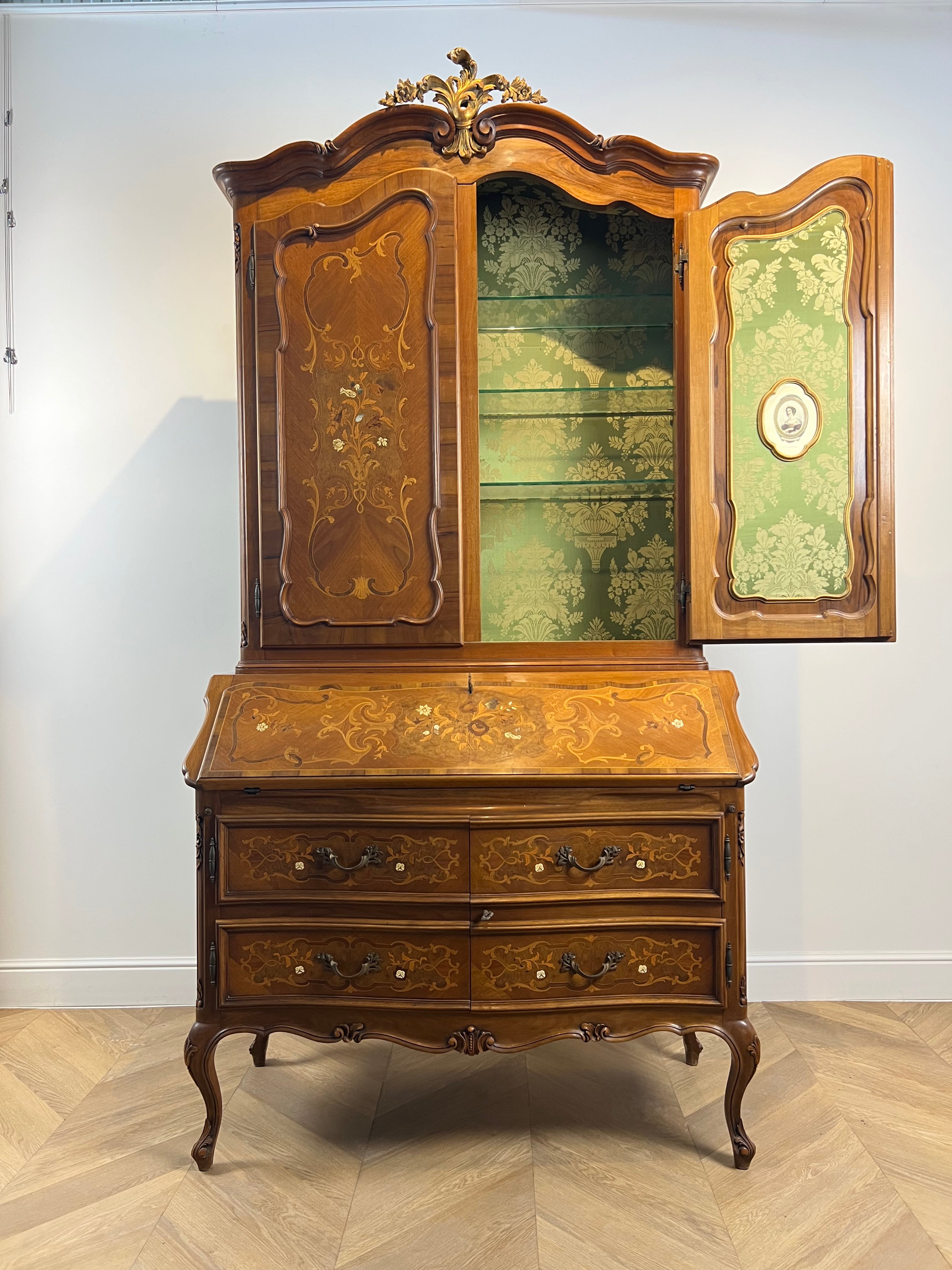 Trumeau Walnut Italian Louis XV Style Cabinet with Green Fabric Interior