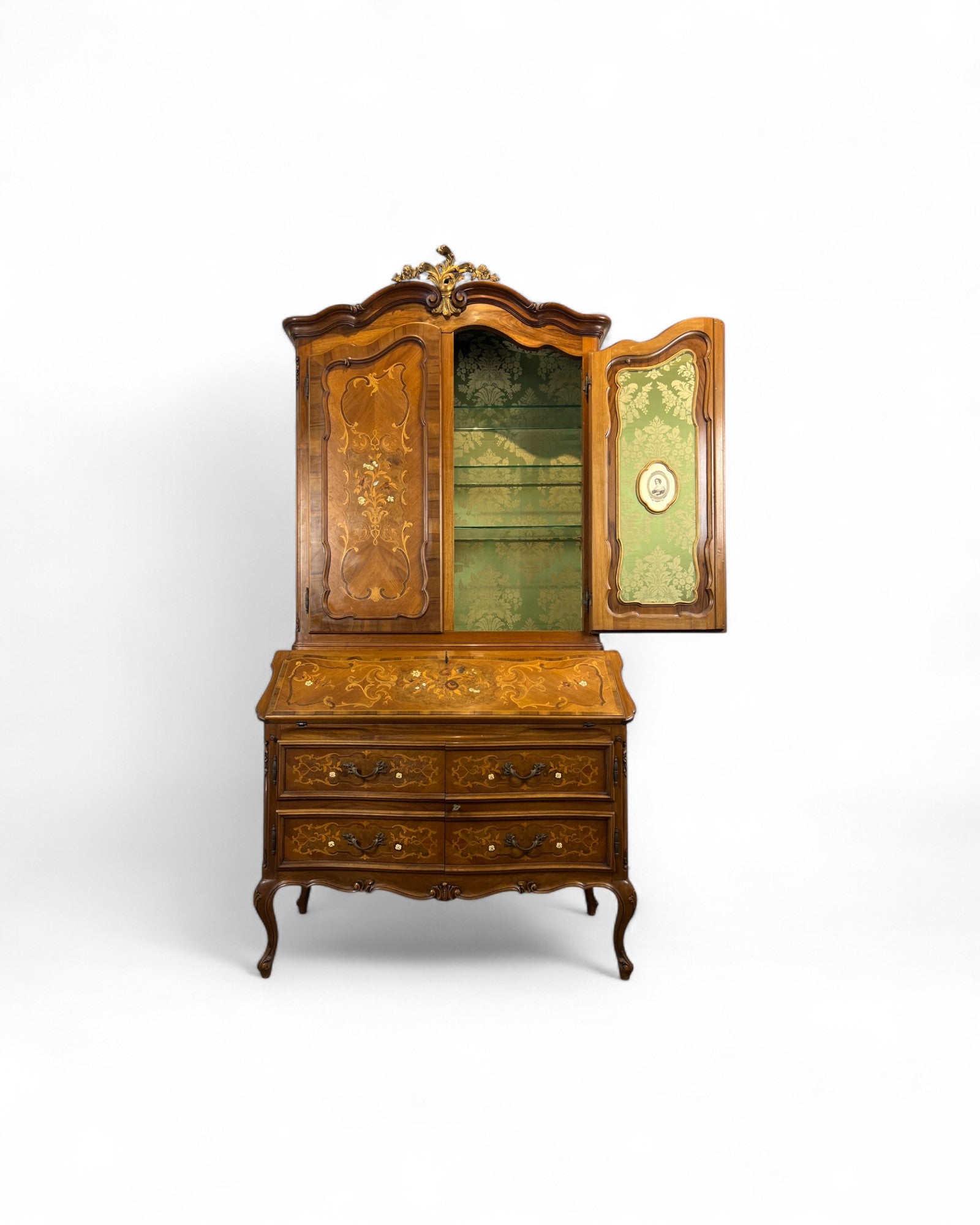 Trumeau Walnut Italian Louis XV Style Cabinet with Green Fabric Interior