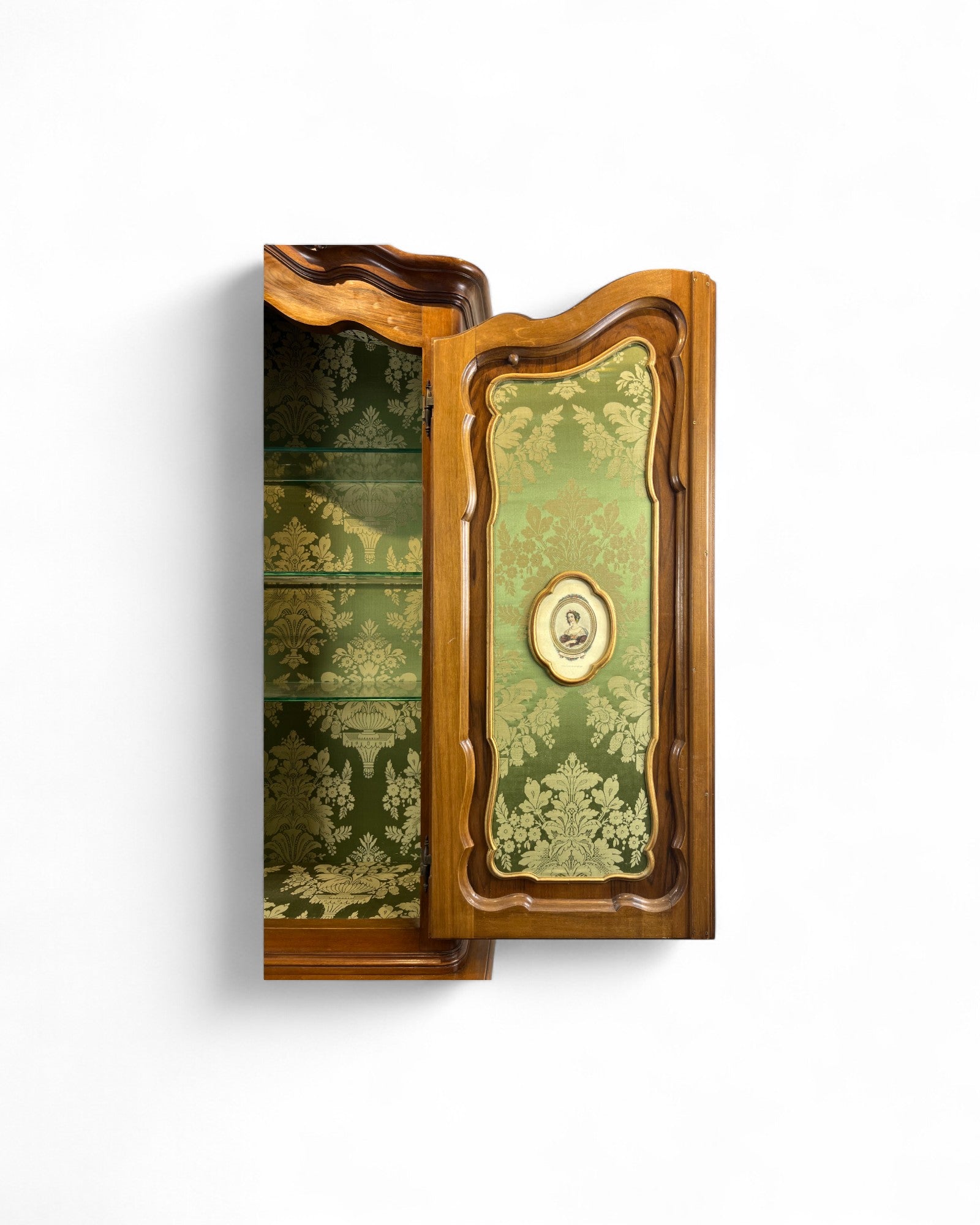 Trumeau Walnut Italian Louis XV Style Cabinet with Green Fabric Interior