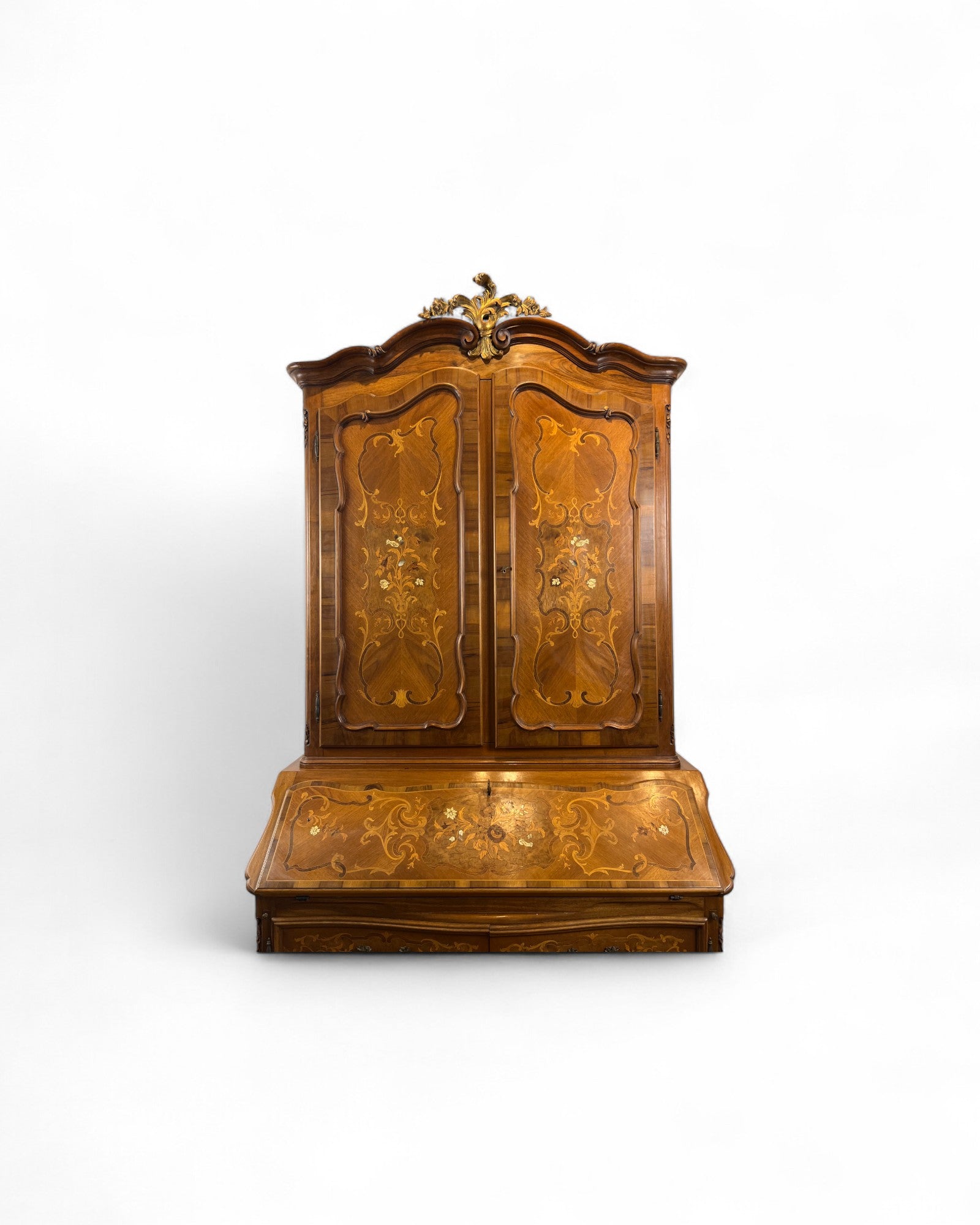 Trumeau Walnut Italian Louis XV Style Cabinet with Green Fabric Interior