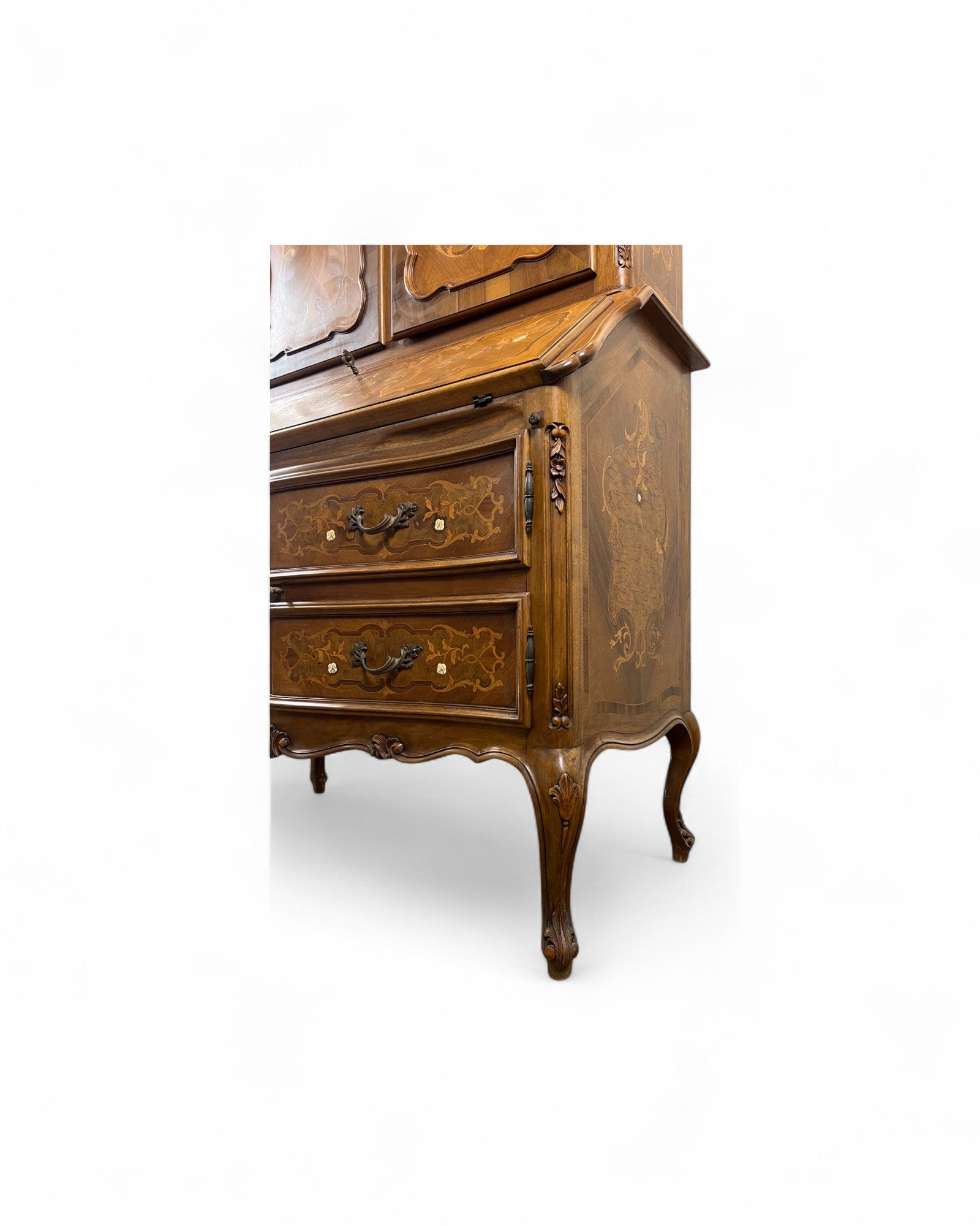 Trumeau Walnut Italian Louis XV Style Cabinet with Green Fabric Interior