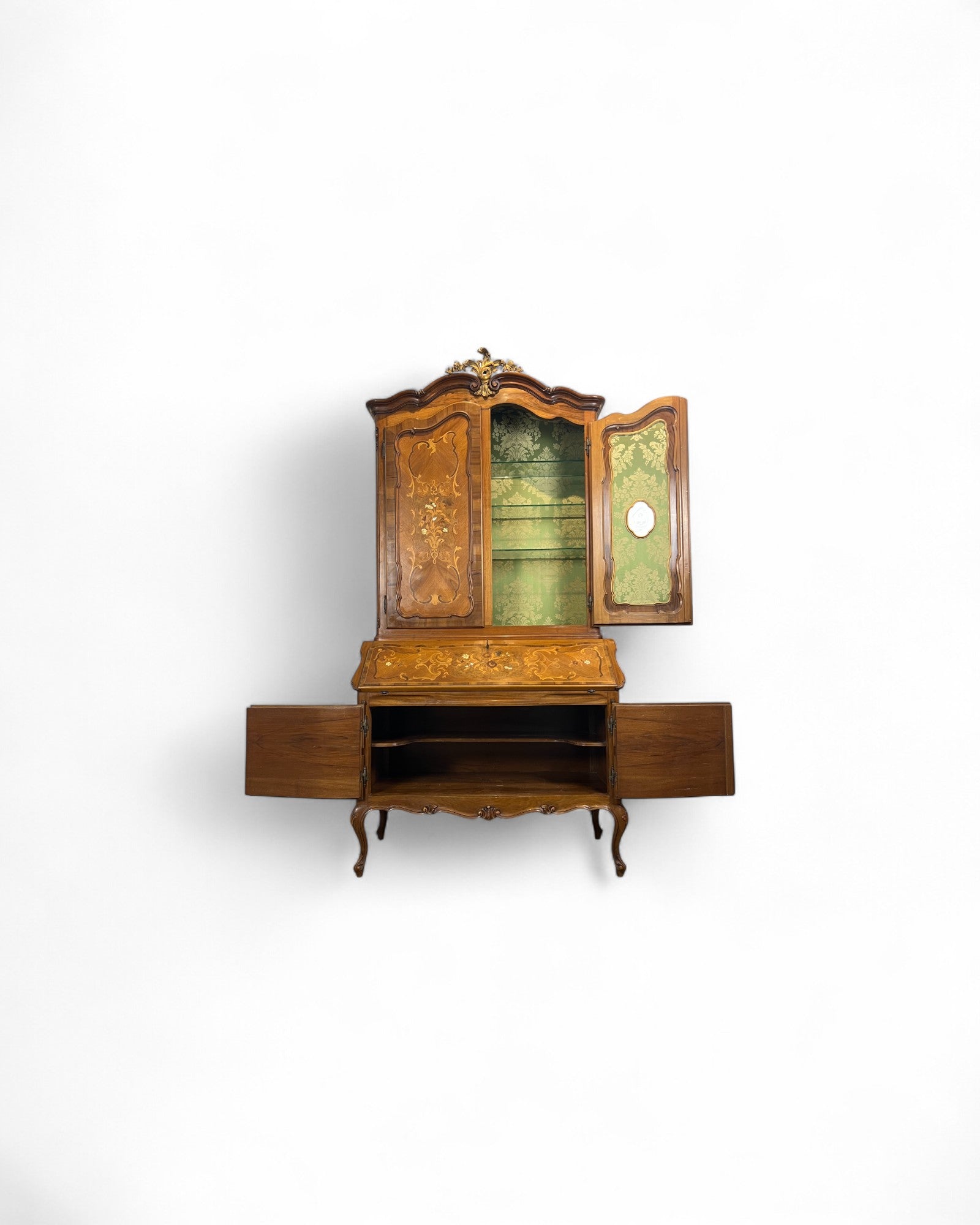 Trumeau Walnut Italian Louis XV Style Cabinet with Green Fabric Interior