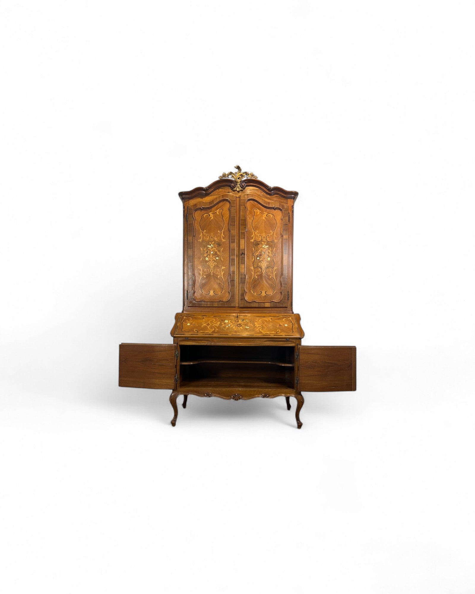 Trumeau Walnut Italian Louis XV Style Cabinet with Green Fabric Interior